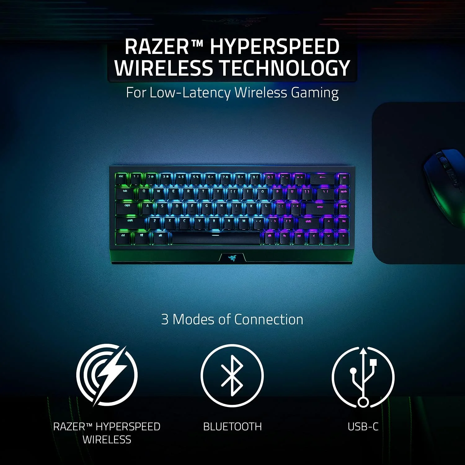 کیبورد گیمینگ 65% بی سیم Razer BlackWidow V4 Mini HyperSpeed با قابلیت تعویض سوییچ: HyperSpeed Wireless & Bluetooth 5.0 - سوییچ های نارنجی لمسی و بی صدا - کلیدهای Phantom Pudding - باتری 200 ساعته