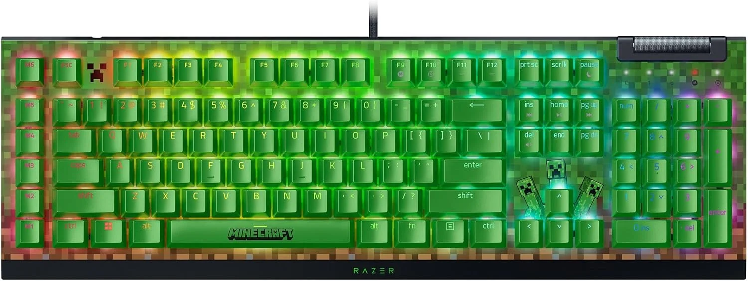 کیبورد گیمینگ مکانیکی Razer BlackWidow V4 X: سوییچ‌های سبز لمسی و کلیکی، 6 کلید ماکرو، Chroma RGB، کلیدهای ABS دابل شات، عایق صدا و تثبیت‌کننده‌ها - نسخه Minecraft