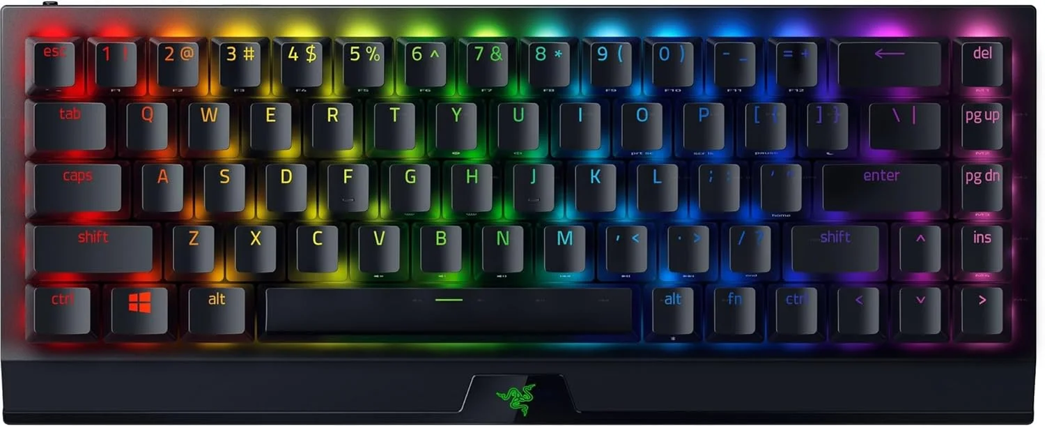 کیبورد گیمینگ مکانیکی بی سیم 65% Razer Blackwidow V3 Mini Hyperspeed: وایرلس Hyperspeed، سوییچ های مکانیکی زرد، Chroma RGB، کلیدهای ABS دابل شات، عمر باتری 200 ساعته - مشکی