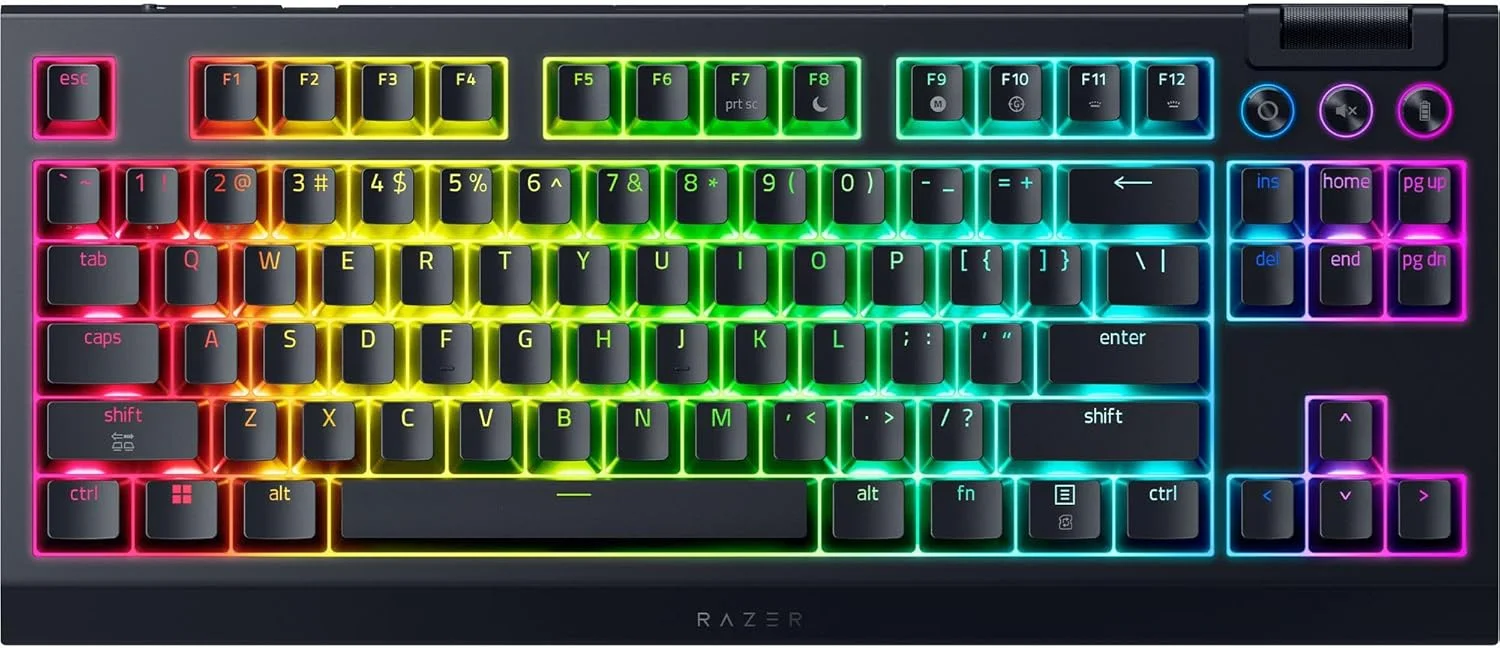کیبورد گیمینگ بی‌سیم و هات سواپ ریزر BlackWidow V4 TKL HyperSpeed: سوییچ‌های نارنجی لمسی - بی‌سیم و بلوتوث - غلطک چند منظوره و دکمه‌های کنترلی - Chroma RGB - عمر باتری طولانی