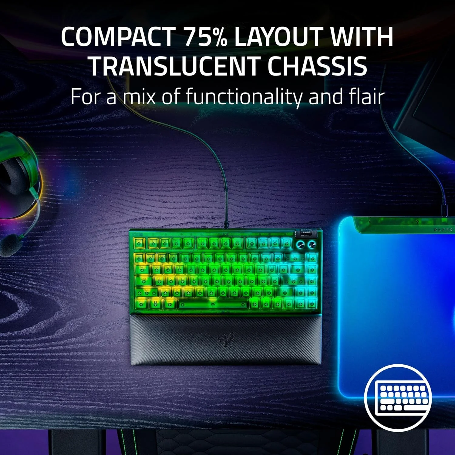 کیبورد گیمینگ مکانیکی Razer BlackWidow V4 75%: طراحی تعویض آسان سوییچ - جمع و جور و بادوام - سوییچ های نارنجی لمسی - Chroma RGB - کلیدهای MF Roller و Media - استراحتگاه مچ دست راحت - سبز شبح