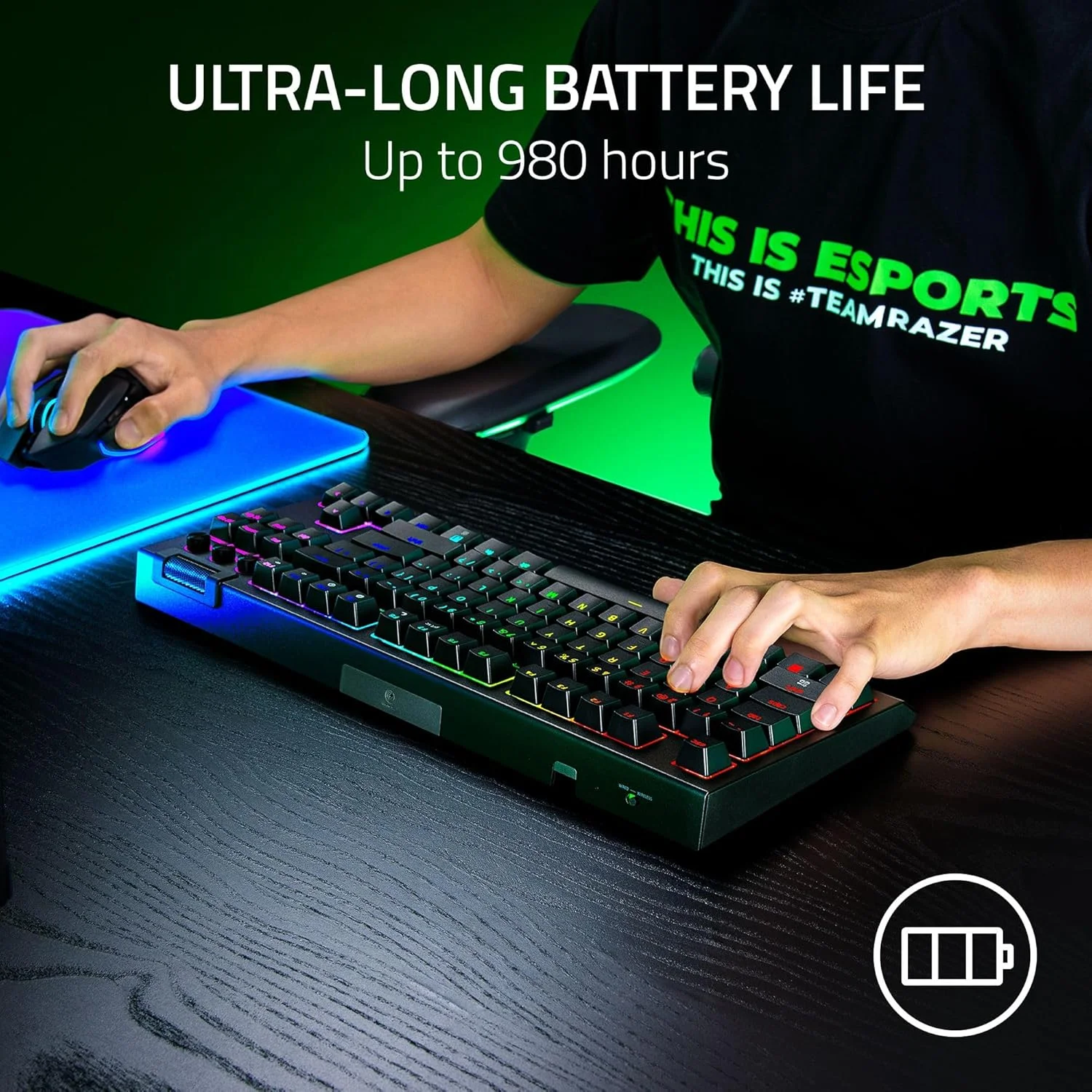 کیبورد گیمینگ بیسیم و هات سواپ ریزر BlackWidow V4 TKL HyperSpeed: سوییچهای نارنجی لمسی - بیسیم و بلوتوث - غلطک چند منظوره و دکمههای کنترلی - Chroma RGB - عمر باتری طولانی کیبورد گیمینگ بیسیم و هات سواپ ریزر BlackWidow V4 TKL HyperSpeed: سوییچهای نارنجی لمسی - بیسیم و بلوتوث - غلطک چند منظوره و دکمههای کنترلی - Chroma RGB - عمر باتری طولانی