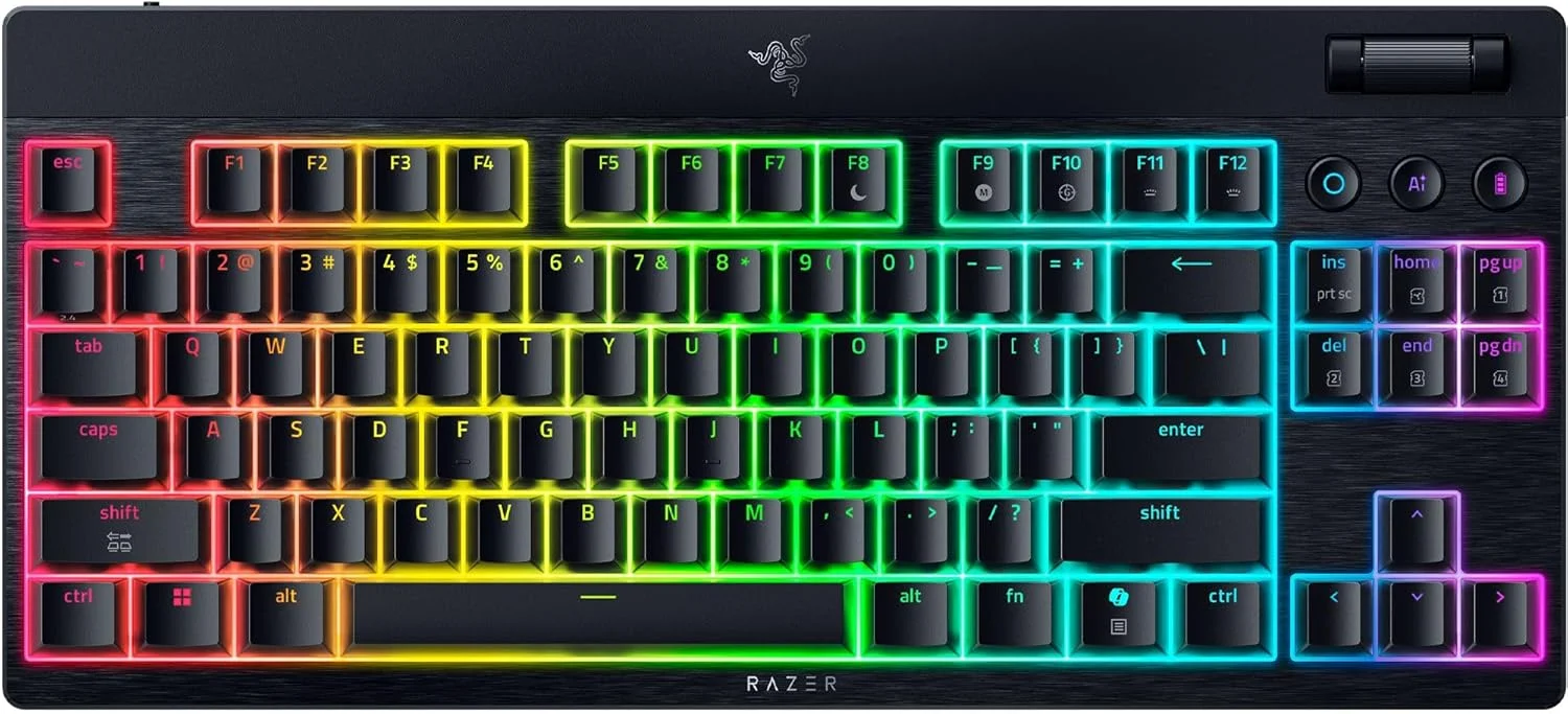 کیبورد گیمینگ بی‌سیم Razer BlackWidow V4 Tenkeyless HyperSpeed با قابلیت تعویض سوییچ - سوییچ نارنجی، طرح‌بندی ایالات متحده (BT، چرخ چند منظوره و 3 دکمه)