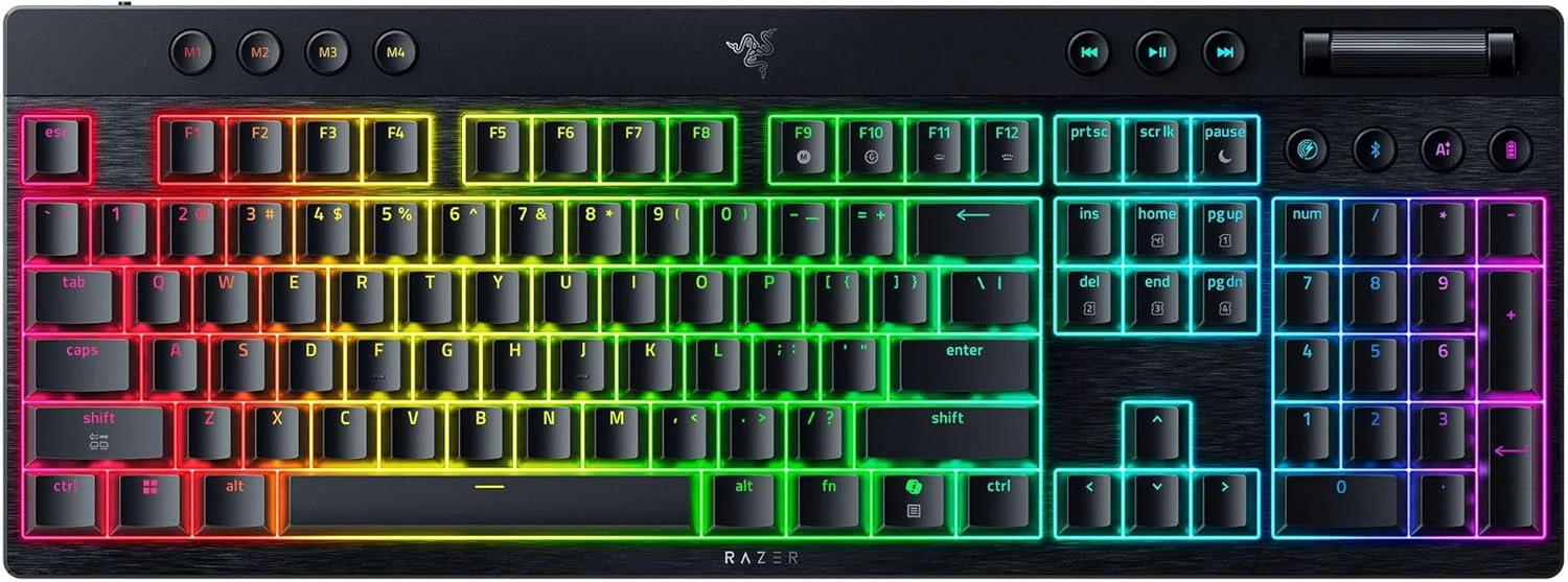 کیبورد گیمینگ بی‌سیم Razer BlackWidow V4 Low Profile HyperSpeed: سوییچ‌های مکانیکی نارنجی - بی‌سیم 2.4 گیگاهرتز و بلوتوث - غلطک چند منظوره - 11 دکمه کنترلی - عمر باتری طولانی