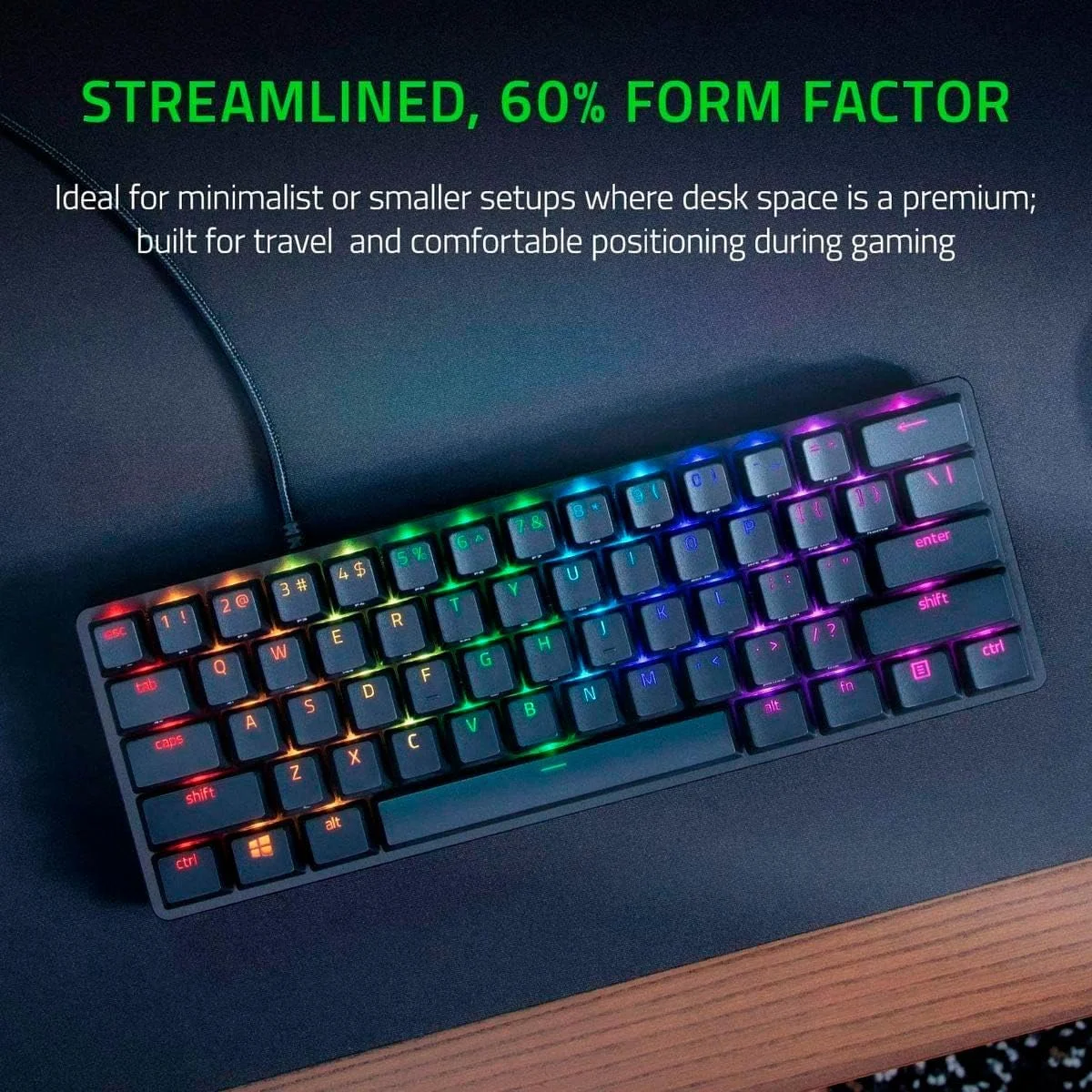 کیبورد گیمینگ 60% Razer Huntsman Mini: سوییچ‌های سریع کیبورد - سوییچ‌های اپتیکال خطی - نورپردازی Chroma RGB - کلیدهای PBT - حافظه داخلی - Snap Tap - مشکی (بازسازی شده)