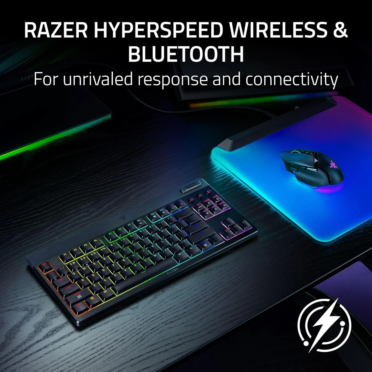 کیبورد گیمینگ بی‌سیم Razer BlackWidow V4 Tenkeyless HyperSpeed با قابلیت تعویض سوییچ - سوییچ نارنجی، طرح‌بندی ایالات متحده (BT، چرخ چند منظوره و 3 دکمه)