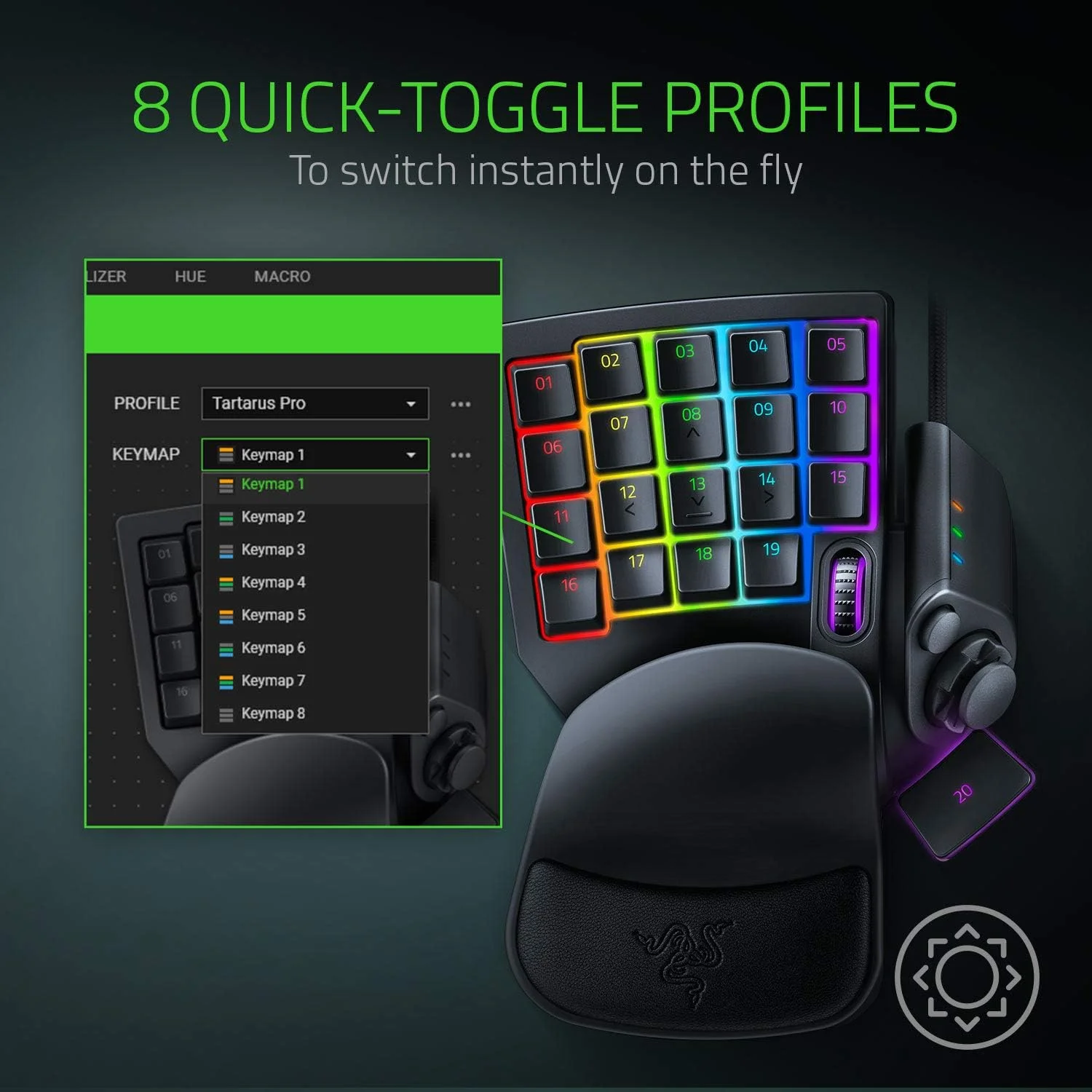 صفحه کلید گیمینگ Razer Tartarus Pro - سوییچ آنالوگ-اپتیکال، 32 کلید قابل برنامه ریزی، نورپردازی Chroma RGB، قابلیت ماکروی قابل برنامه ریزی - مشکی