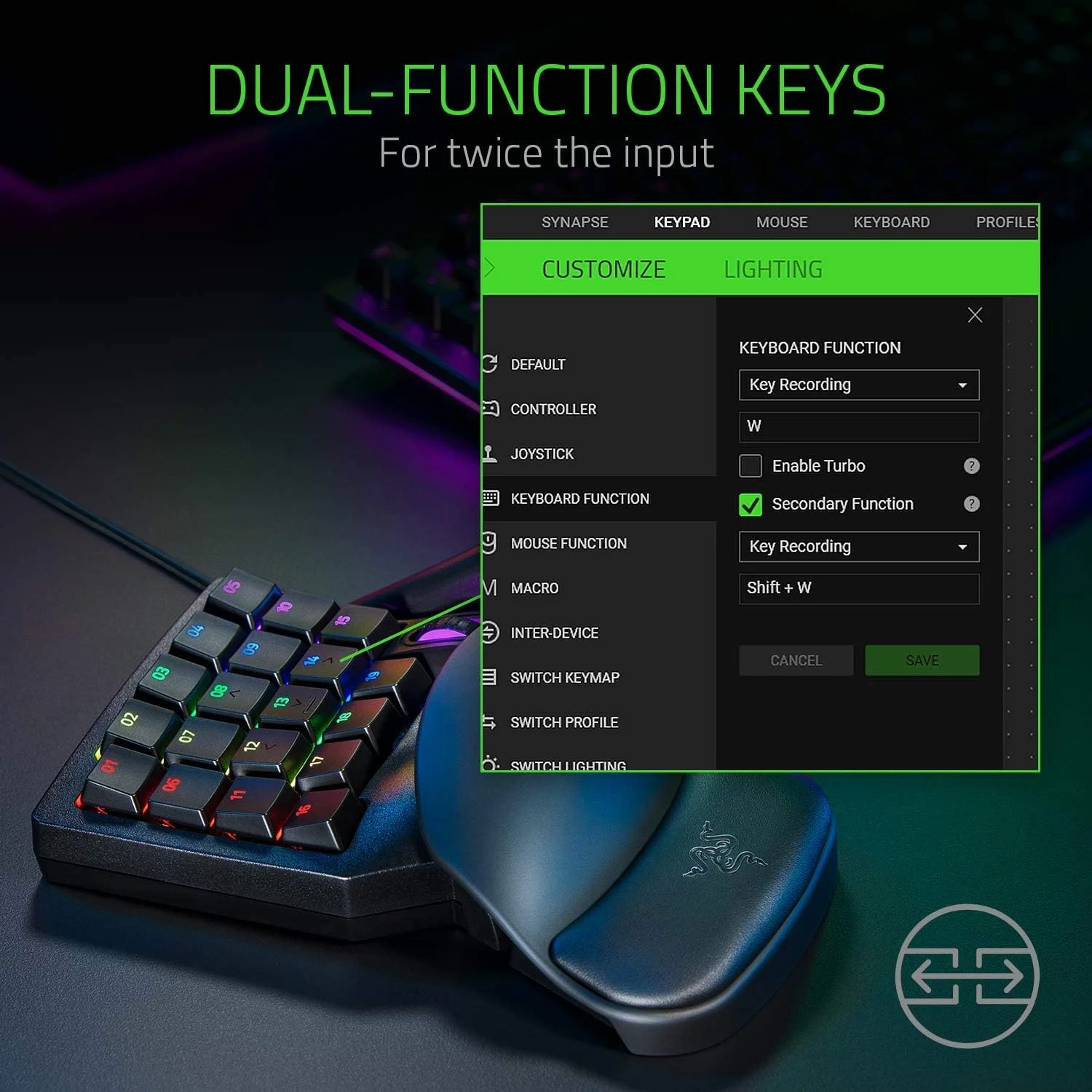 صفحه کلید گیمینگ Razer Tartarus Pro - سوییچ آنالوگ-اپتیکال، 32 کلید قابل برنامه ریزی، نورپردازی Chroma RGB، قابلیت ماکروی قابل برنامه ریزی - مشکی