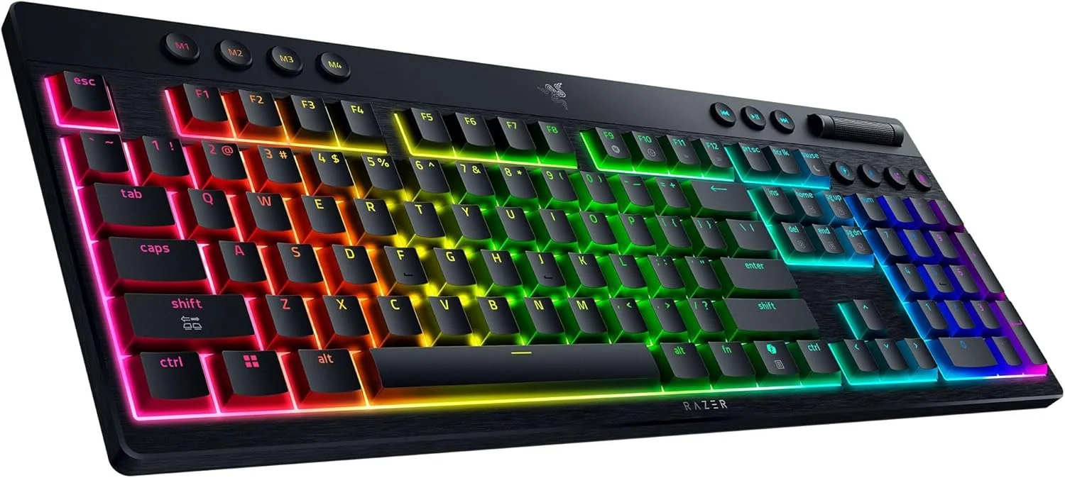 کیبورد گیمینگ بی‌سیم Razer BlackWidow V4 Low Profile HyperSpeed: سوییچ‌های مکانیکی نارنجی - بی‌سیم 2.4 گیگاهرتز و بلوتوث - غلطک چند منظوره - 11 دکمه کنترلی - عمر باتری طولانی