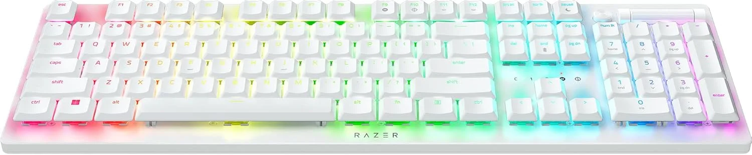 کیبورد گیمینگ بی‌سیم Razer DeathStalker V2 Pro: سوییچ‌های اپتیکال کم‌ارتفاع - کلیکی بنفش - بی‌سیم HyperSpeed و بلوتوث 5.0 - تا 200 ساعت عمر باتری - کلیدهای با روکش فوق‌العاده بادوام - RGB - سفید