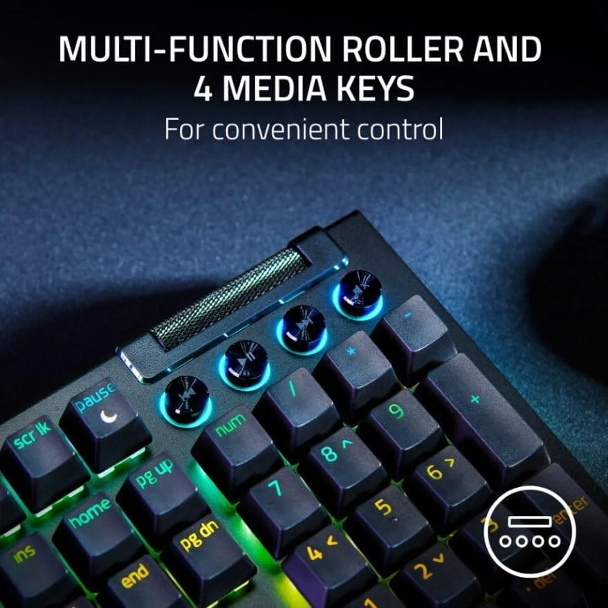 کیبورد گیمینگ مکانیکی Razer BlackWidow V4 (سوییچ سبز) - Razer Snap Tap (سوییچ‌های مکانیکی کلیکی، 6 کلید ماکرو اختصاصی، کلیدهای ABS Doubleshot، Chroma RGB) طرح‌بندی UK | مشکی
