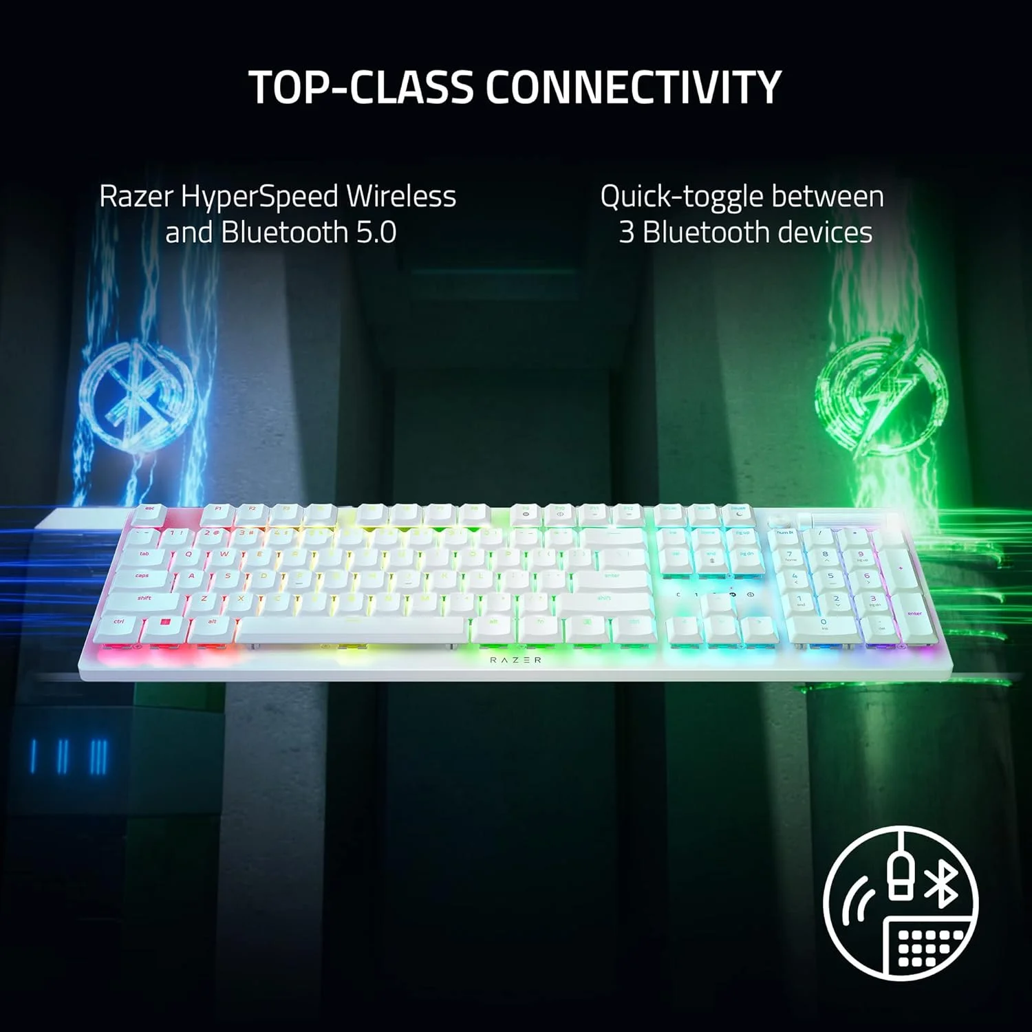 کیبورد گیمینگ بی‌سیم Razer DeathStalker V2 Pro: سوییچ‌های اپتیکال کم‌ارتفاع - کلیکی بنفش - بی‌سیم HyperSpeed و بلوتوث 5.0 - تا 200 ساعت عمر باتری - کلیدهای با روکش فوق‌العاده بادوام - RGB - سفید
