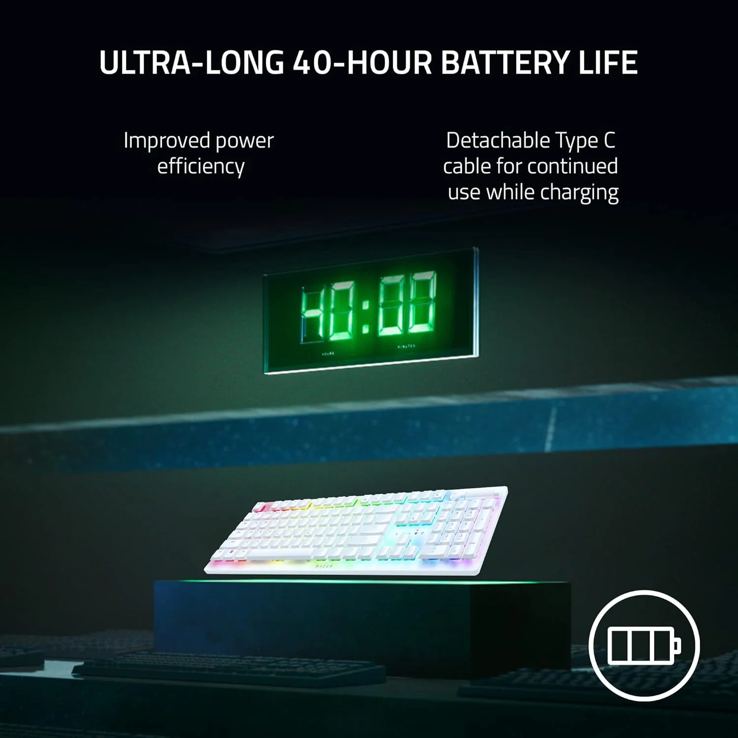 کیبورد گیمینگ بی‌سیم Razer DeathStalker V2 Pro: سوییچ‌های اپتیکال کم‌ارتفاع - کلیکی بنفش - بی‌سیم HyperSpeed و بلوتوث 5.0 - تا 200 ساعت عمر باتری - کلیدهای با روکش فوق‌العاده بادوام - RGB - سفید