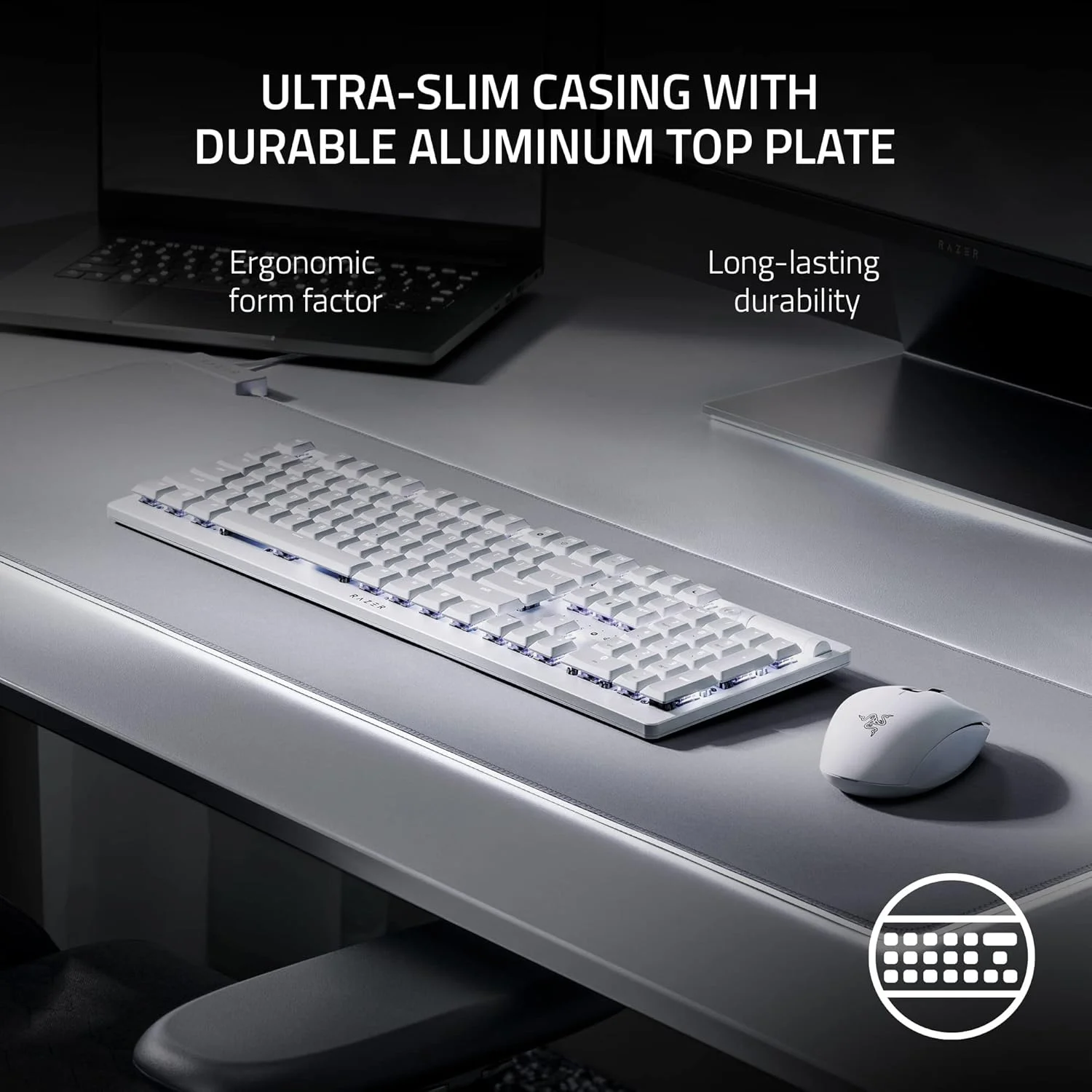 کیبورد گیمینگ بی‌سیم Razer DeathStalker V2 Pro: سوییچ‌های اپتیکال کم‌ارتفاع - کلیکی بنفش - بی‌سیم HyperSpeed و بلوتوث 5.0 - تا 200 ساعت عمر باتری - کلیدهای با روکش فوق‌العاده بادوام - RGB - سفید