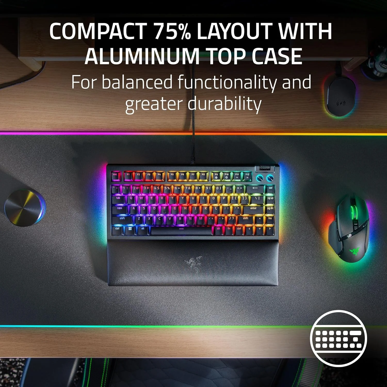 کیبورد گیمینگ مکانیکی Razer BlackWidow V4 75%: طراحی Hot-Swappable - جمع و جور و بادوام - سوییچ های نارنجی لمسی - Chroma RGB - غلتک MF و کلیدهای رسانه - استراحتگاه مچ دست راحت - مشکی