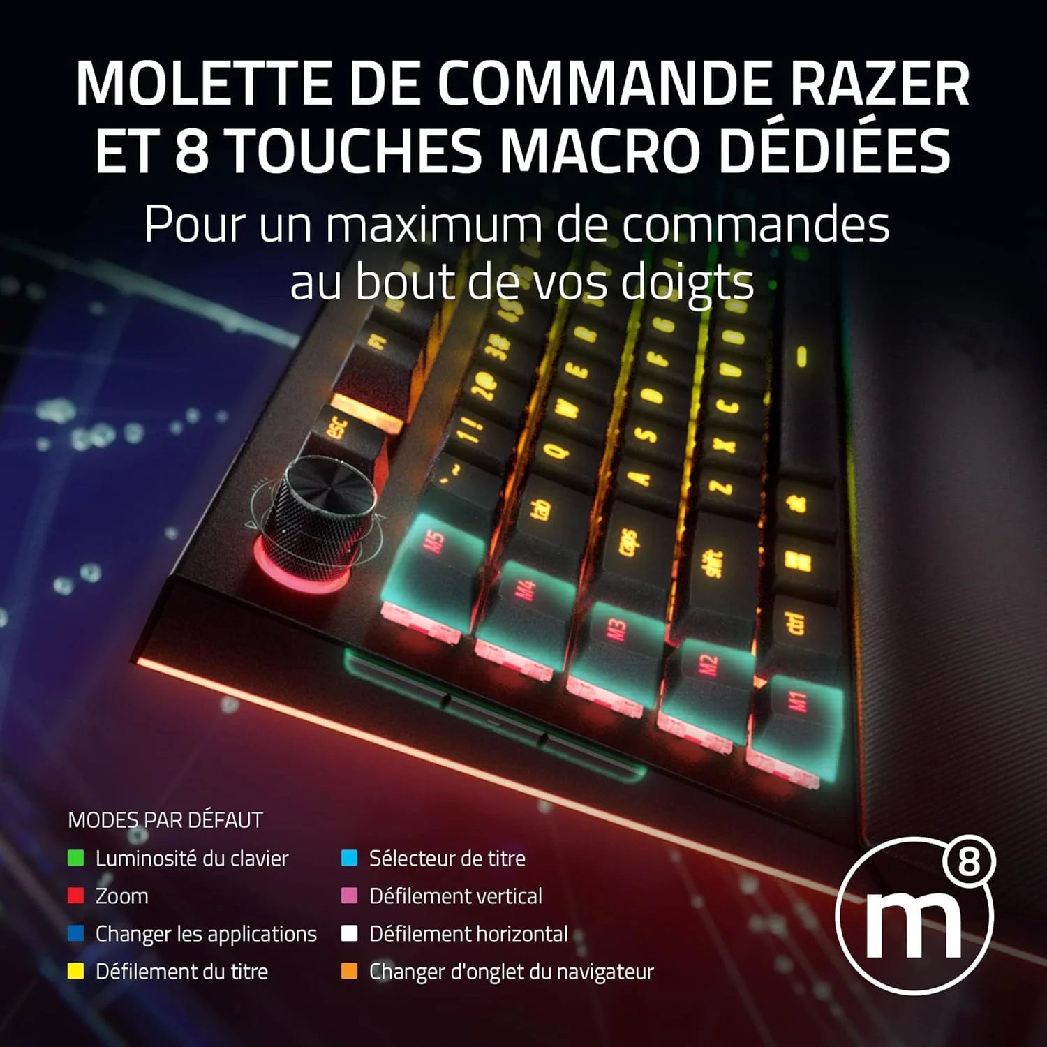 Razer BlackWidow V4 Pro (Switches Yellow) - Mechanical Gamer Keyboard (Silent Mechanical Witches, Wheel, 8 Dedicated Macro Keys, PU Leather Wrist Rest, RGB Chroma) FR Keyboard | Black Razer BlackWidow V4 Pro (Switches Yellow) - Mechanical Gamer Keyboard (Silent Mechanical Witches, Wheel, 8 Dedicated Macro Keys, PU Leather Wrist Rest, RGB Chroma) FR Keyboard | Black