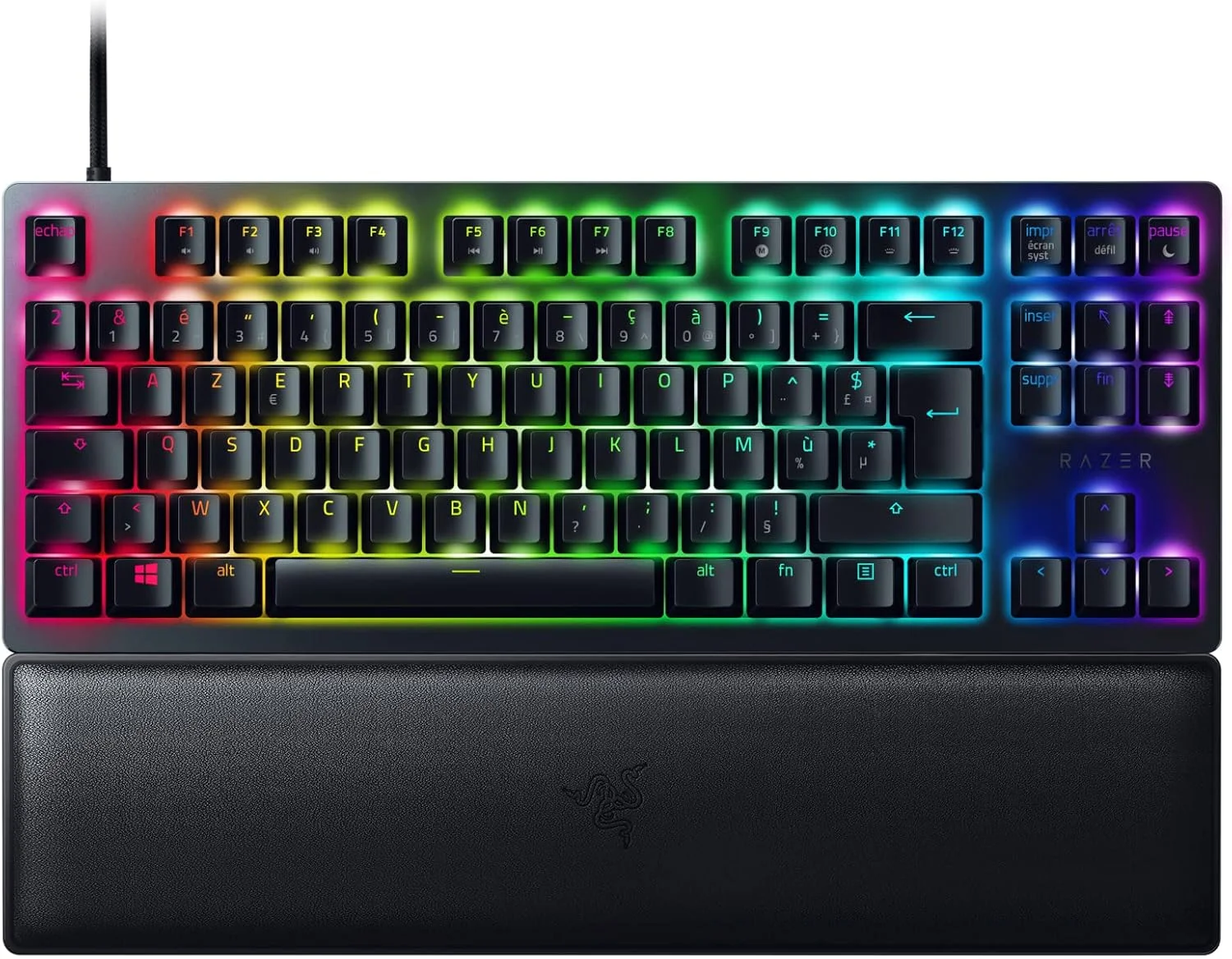 صفحه کلید گیمینگ اپتیکال Razer Huntsman V2 Tenkeyless (سوییچ قرمز) - (کلیدهای PBT دابل شات، کابل USB Type C جداشدنی، استراحتگاه مچ ارگونومیک) طرح فرانسوی | مشکی