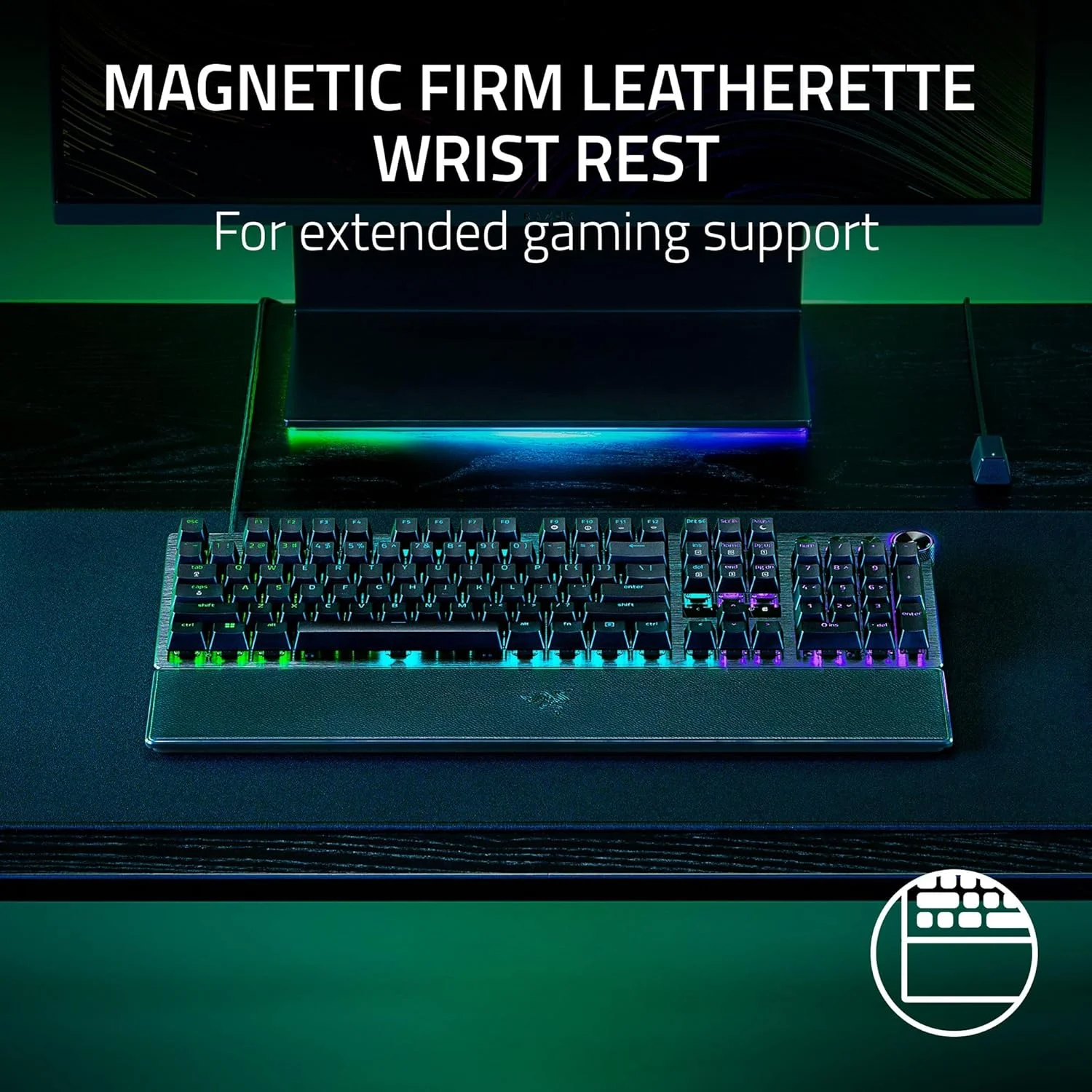 کیبورد گیمینگ Razer Huntsman V3 Pro Esports: سوییچ های اپتیکال آنالوگ با Rapid Trigger و Actuation قابل تنظیم - کلیدهای مدیا و دکمه چرخشی - کلیدهای PBT دابل شات - صفحه رویی آلومینیومی - استراحتگاه مچ دست