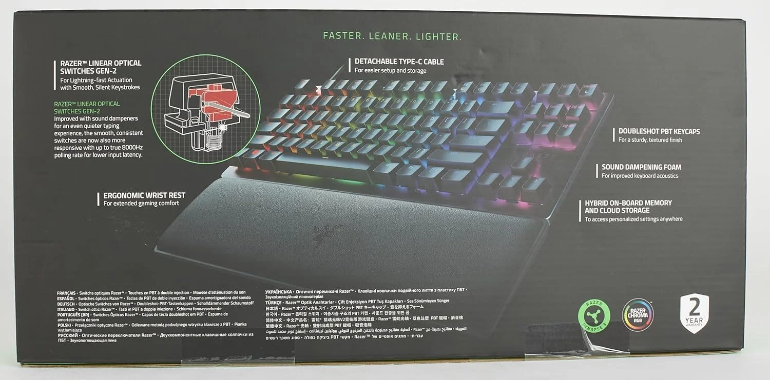 صفحه کلید گیمینگ اپتیکال Razer Huntsman V2 Tenkeyless (سوییچ قرمز) - (کلیدهای PBT دابل شات، کابل USB Type C جداشدنی، استراحتگاه مچ ارگونومیک) طرح فرانسوی | مشکی صفحه کلید گیمینگ اپتیکال Razer Huntsman V2 Tenkeyless (سوییچ قرمز) - (کلیدهای PBT دابل شات، کابل USB Type C جداشدنی، استراحتگاه مچ ارگونومیک) طرح فرانسوی | مشکی