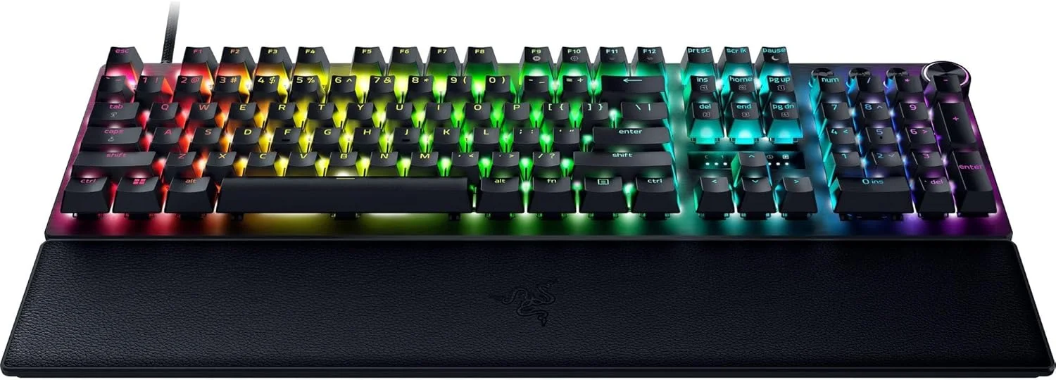 کیبورد گیمینگ Razer Huntsman V3 Pro Esports: سوییچ های اپتیکال آنالوگ با Rapid Trigger و Actuation قابل تنظیم - کلیدهای مدیا و دکمه چرخشی - کلیدهای PBT دابل شات - صفحه رویی آلومینیومی - استراحتگاه مچ دست