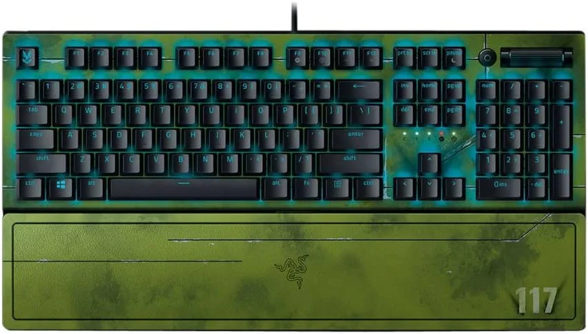 کیبورد گیمینگ مکانیکی Razer BlackWidow V3: سوییچ‌های مکانیکی سبز - لمسی و کلیکی - نورپردازی Chroma RGB - فرم فاکتور جمع و جور - کلیدهای ماکرو قابل برنامه ریزی - Halo Infinite