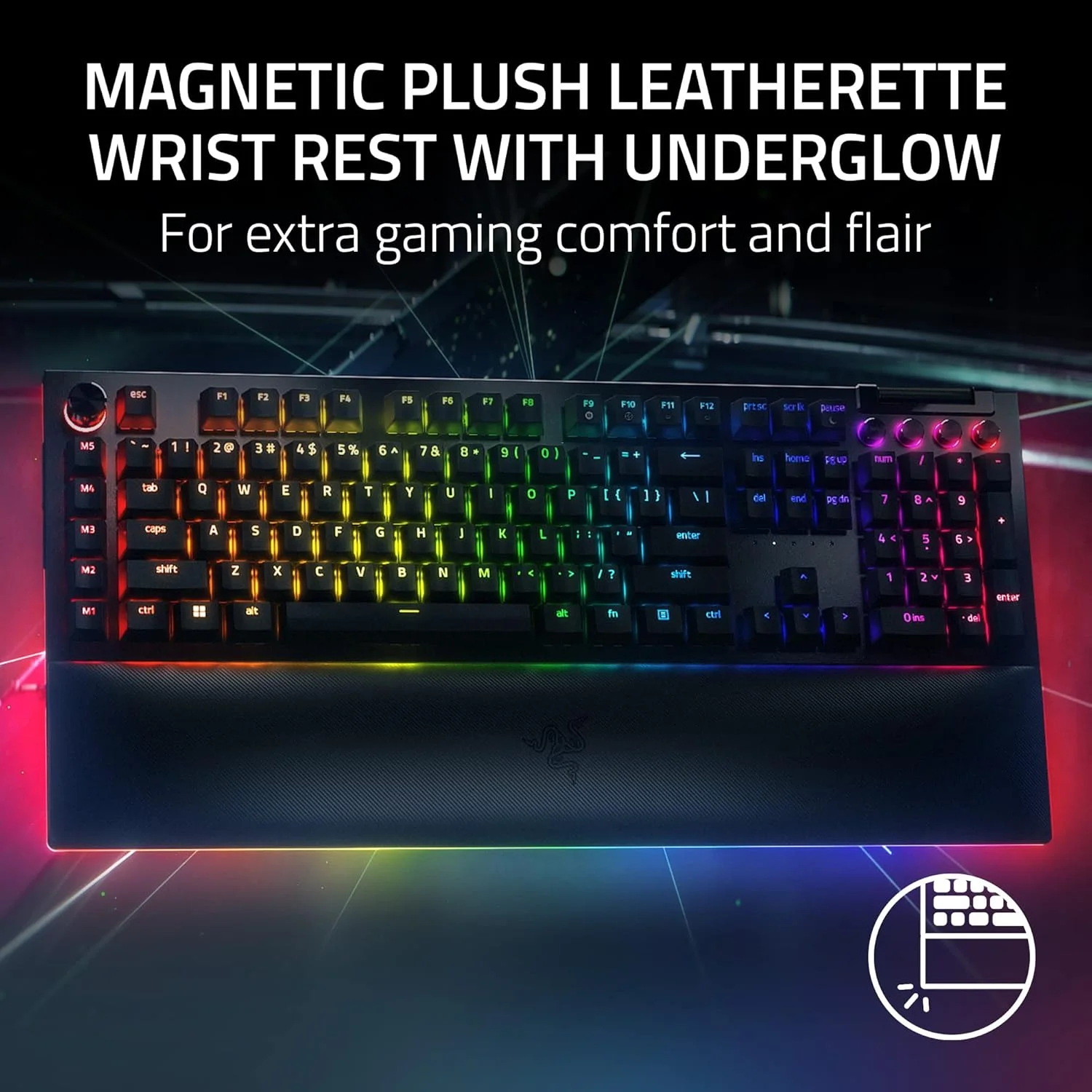 کیبورد گیمینگ مکانیکی سیم دار Razer BlackWidow V4 Pro: سوییچ های مکانیکی زرد - خطی و بی صدا - کلیدهای ABS دوتایی - دکمه چرخشی - ماکروهای قابل برنامه ریزی - Chroma RGB - استراحتگاه مچی مغناطیسی