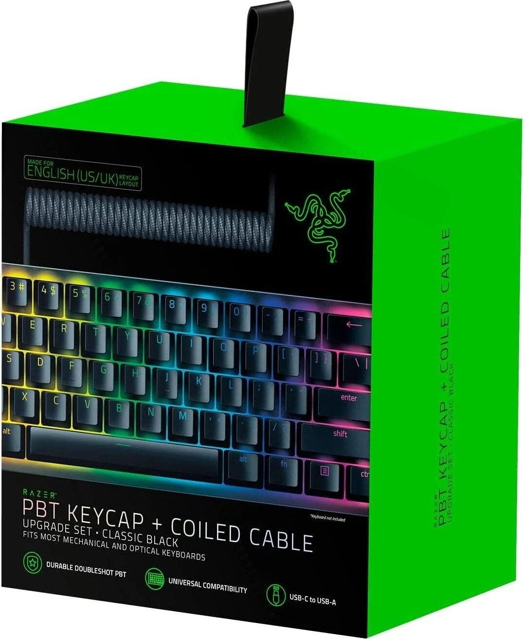 ست ارتقاء کلیدهای PBT Razer به همراه کابل فنری - سازگار با نور پس زمینه (جنس PBT مقاوم در برابر درخشش، قالب گیری دوبل شات با فونت فوق العاده نازک، کابل فنری) مشکی | طرح بندی ایالات متحده