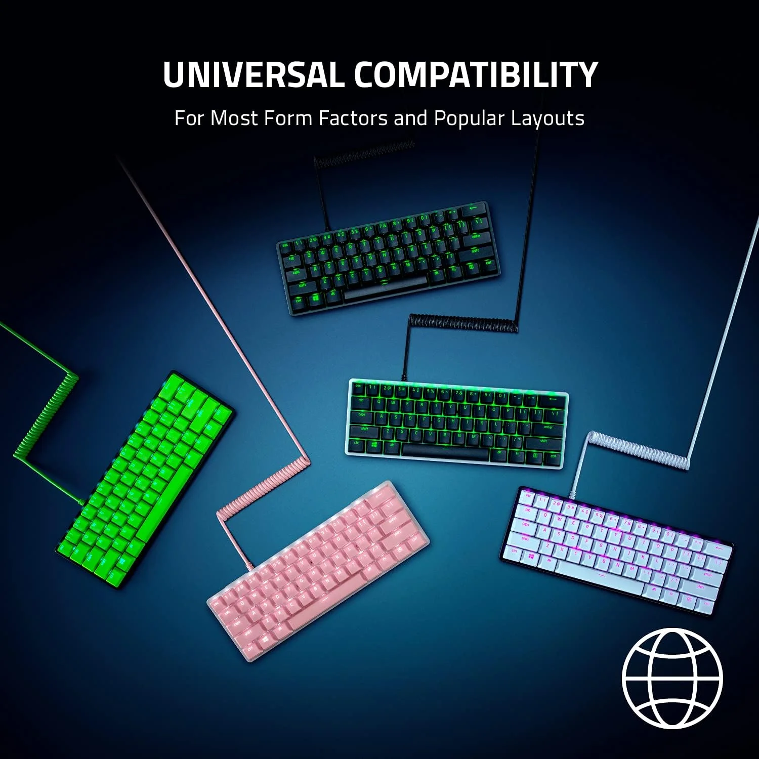 ست ارتقاء کلیدهای PBT و کابل فنری Razer: PBT بادوام با قالب‌گیری دوبل - سازگاری جهانی - ابزار حذف کلید و تثبیت‌کننده‌ها - طراحی تاکتیکی فنری - کابل فیبر بافته شده - سفید نقره‌ای