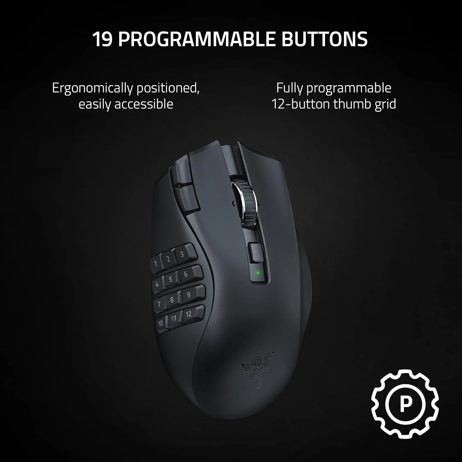 ماوس گیمینگ بی‌سیم MMO Razer Naga V2 HyperSpeed: 19 دکمه قابل برنامه‌ریزی - فناوری HyperScroll - حسگر اپتیکال Focus Pro 30K - سوییچ‌های مکانیکی ماوس Gen-2 - عمر باتری تا 400 ساعت