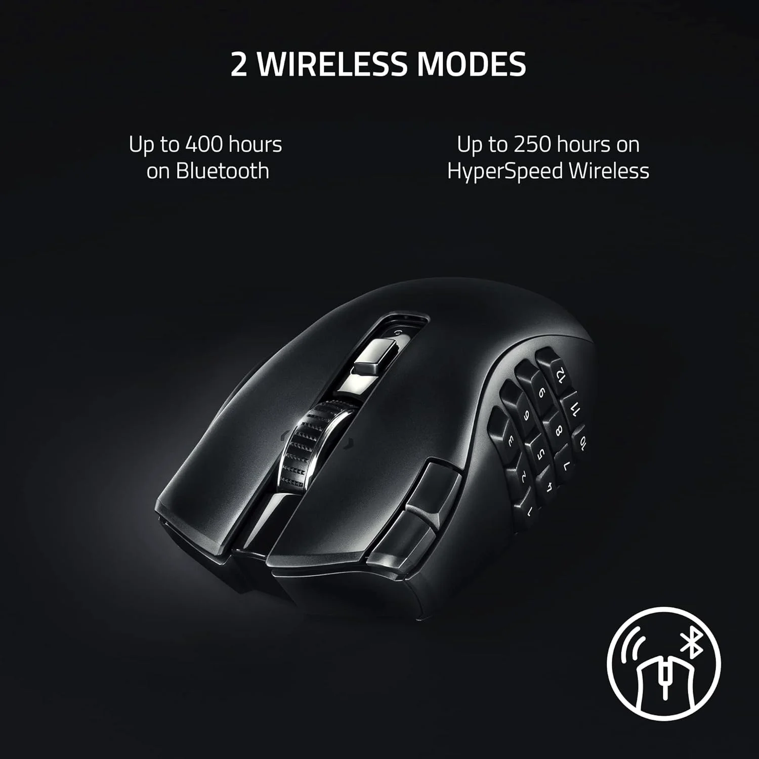 ماوس گیمینگ بی‌سیم MMO Razer Naga V2 HyperSpeed: 19 دکمه قابل برنامه‌ریزی - فناوری HyperScroll - حسگر اپتیکال Focus Pro 30K - سوییچ‌های مکانیکی ماوس Gen-2 - عمر باتری تا 400 ساعت