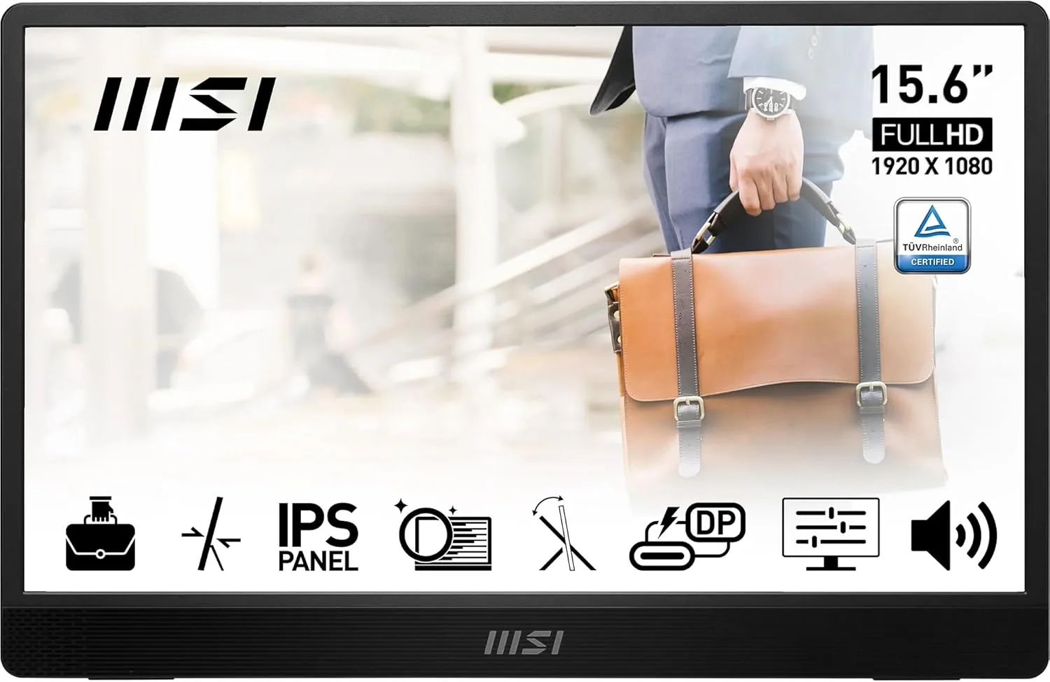 مانیتور قابل حمل 15.6 اینچی فول اچ دی MSI PRO MP161 E2 - پنل IPS 1920x1080، 60 هرتز، صفحه نمایش محافظ چشم (PC، لپ تاپ، موبایل)، بلندگوها، شاسی و پایه بهبود یافته - Mini-HDMI 2.0b، 2 x USB Type-C