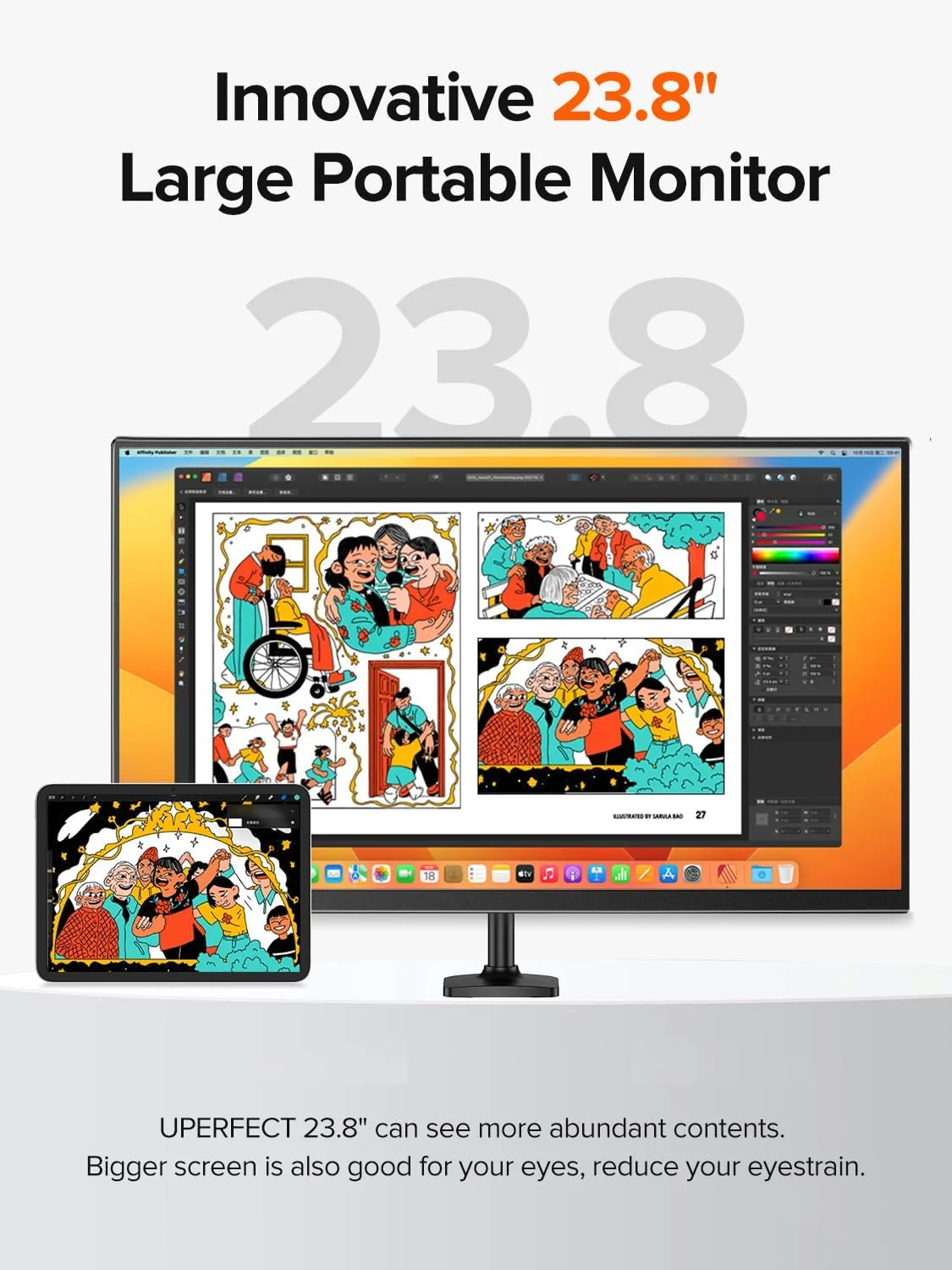 مانیتور قابل حمل 24 اینچی 120 هرتز QLED یوپرفکت 1080P با پوشش 125% sRGB و روشنایی 400 نیت به همراه پایه و VESA، مانیتور مسافرتی HDMI USB-C FHD برای لپ تاپ/دستگاه های بازی/تلفن/مینی کامپیوتر، صفحه نمایش دوم خارجی برای بازی و کار