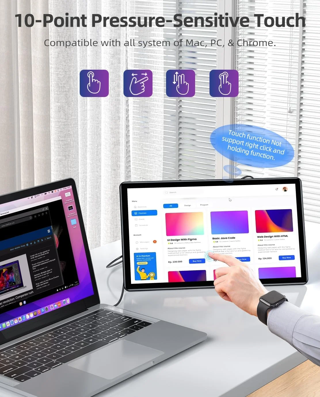 مانیتور قابل حمل UPERFECT Y با صفحه لمسی مستقل، صفحه نمایش 15.6 اینچی FHD 1080P IPS با پایه قابل تنظیم، نسبت کنتراست 2000:1، 100% sRGB با HDMI/USB 3.0/Type C استاندارد، بلندگو/نور محیطی داخلی