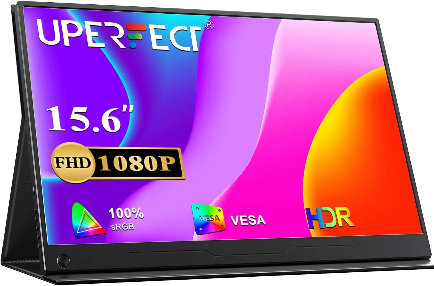 مانیتور قابل حمل UPERFECT 15.6 اینچی، مانیتور قابل حمل 1920x1080 Full HD IPS با HDMI USB C برای لپ تاپ، کامپیوتر، تلفن همراه، PS4/5، سوییچ با کیف محافظ سازگار با VESA مشکی