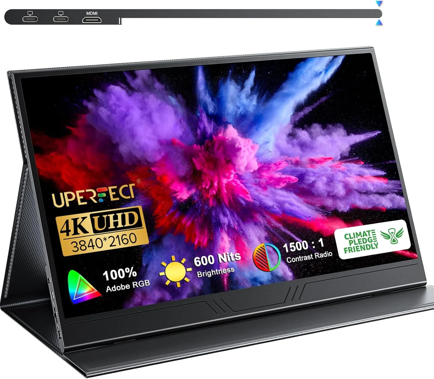 مانیتور قابل حمل 4K واقعی UPERFECT، [نسخه جدید] 15.6 اینچی UHD IPS 3840x2160 USB C، قاب فلزی قوسی منحصر به فرد، 100% Adobe RGB روشنایی 600 نیت، HDR FreeSync Speaker HDMI Type-C OTG با کیف هوشمند