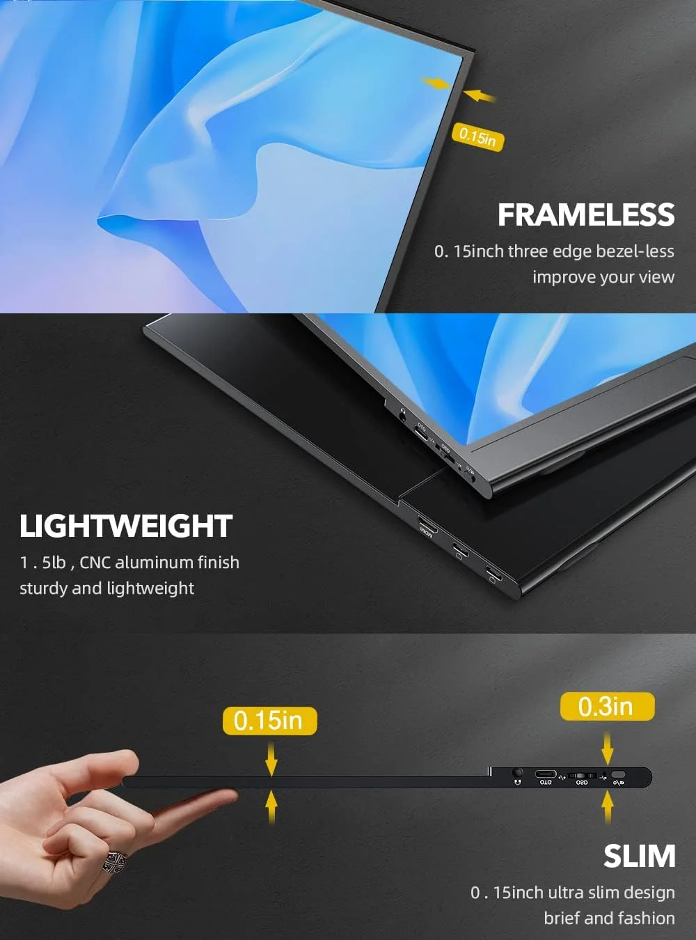 مانیتور قابل حمل 4K واقعی UPERFECT، [نسخه جدید] 15.6 اینچی UHD IPS 3840x2160 USB C، قاب فلزی قوسی منحصر به فرد، 100% Adobe RGB روشنایی 600 نیت، HDR FreeSync Speaker HDMI Type-C OTG با کیف هوشمند