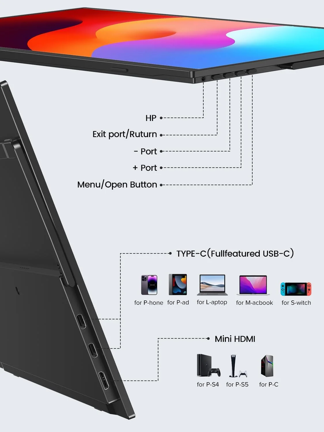 مانیتور قابل حمل UPERFECT، 15.6 اینچ FHD 1080P IPS، مانیتور مسافرتی فوق العاده باریک، صفحه نمایش دوم USB C، مانیتور بازی Plug & Play Mini HDMI Type-C برای لپ تاپ/کامپیوتر/تلفن، VESA و پایه