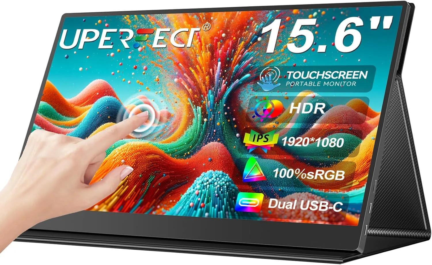 مانیتور لمسی قابل حمل UPERFECT، صفحه نمایش 15.6 اینچی مات FHD با نسبت کنتراست 1000:1، کیف چرمی چند منظوره، دو پورت USB C برای لپ تاپ/تلفن/کنسول بازی، قابلیت نصب VESA