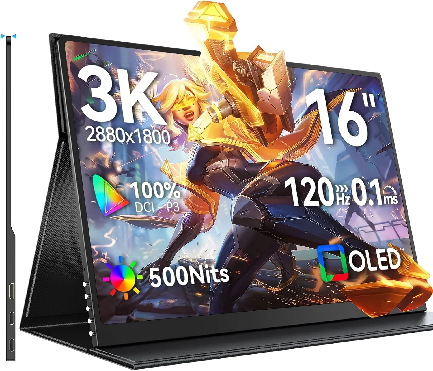 مانیتور پرتابل 16 اینچی UPERFECT، مانیتور OLED با رزولوشن 3K و نرخ نوسازی 120 هرتز، دارای پورت USB Type-C و Mini HDMI، دارای سوراخ VESA داخلی، صفحه نمایش خارجی با پوشش هوشمند برای لپ تاپ/PC/Mac/PS