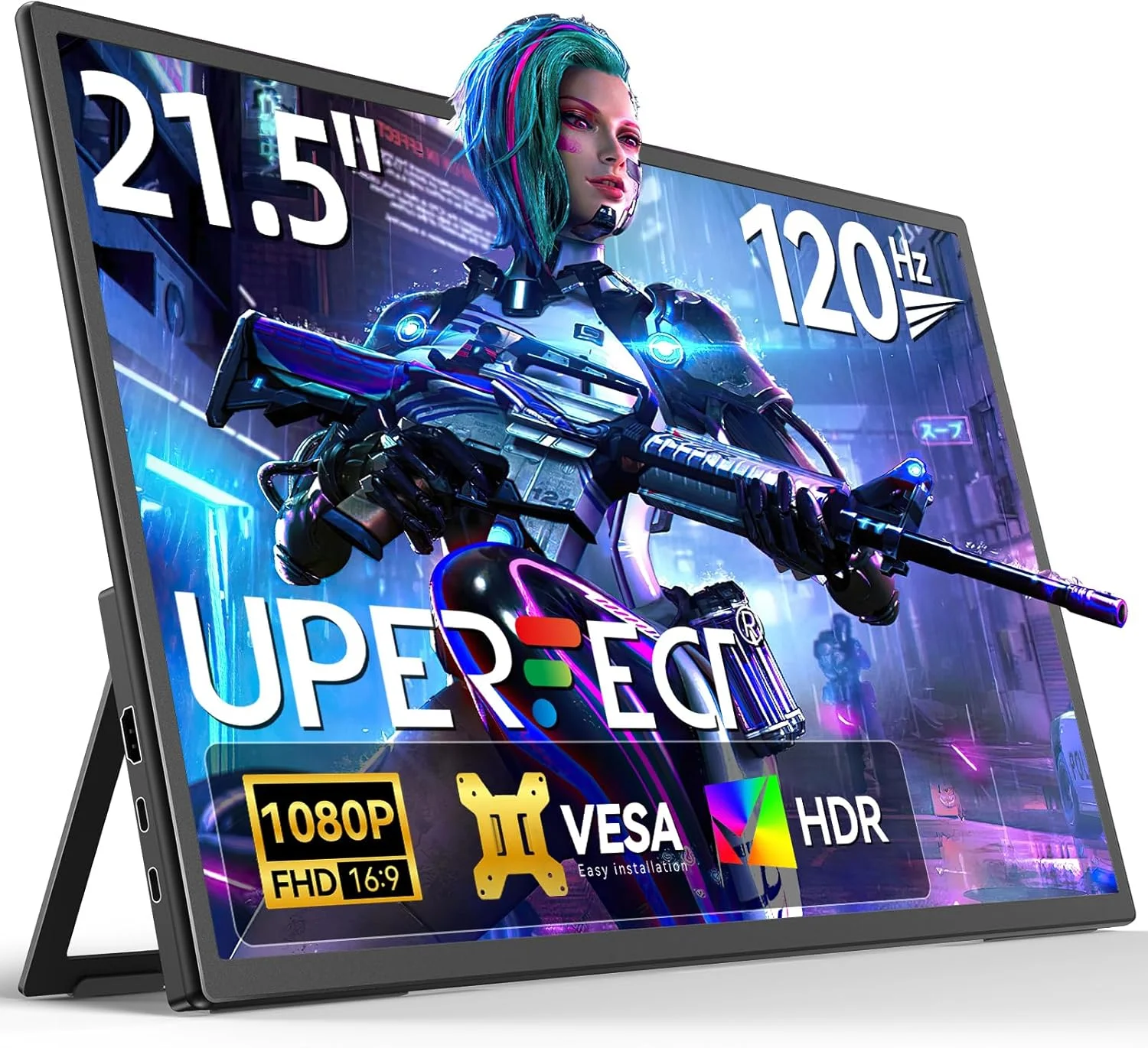 مانیتور قابل حمل 21.5 اینچی 100 هرتز UPERFECT با پایه یکپارچه، نسبت کنتراست 1000:1، رزولوشن 1920*1080 Full HD، صفحه نمایش IPS، دارای پورت‌های استاندارد HDMI USB C برای PC، لپ‌تاپ، کنسول بازی، بدنه فلزی، سازگار با VESA