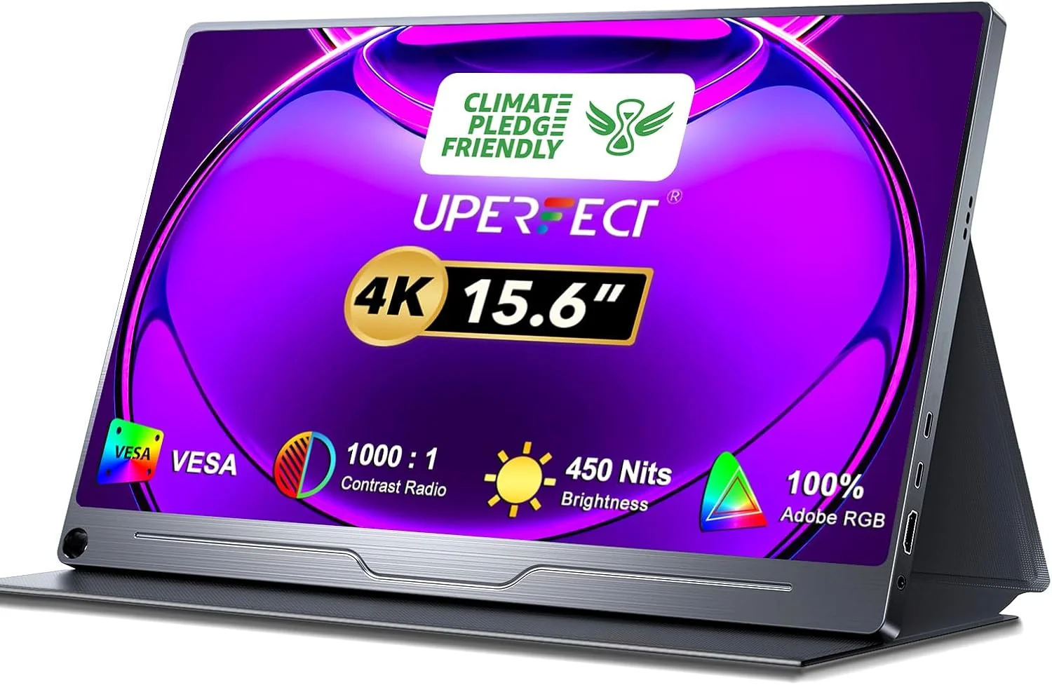 مانیتور کامپیوتر 4K واقعی UPERFECT، مانیتور 15.6 اینچی IPS UHD 3840X2160 USB C [طیف رنگی گسترده 100% sRGB]، HDR FreeSync اسپیکر Type-C HDMI OTG VESA مانیتور قابل حمل برای لپ تاپ PC تلفن، پایه کاور هوشمند
