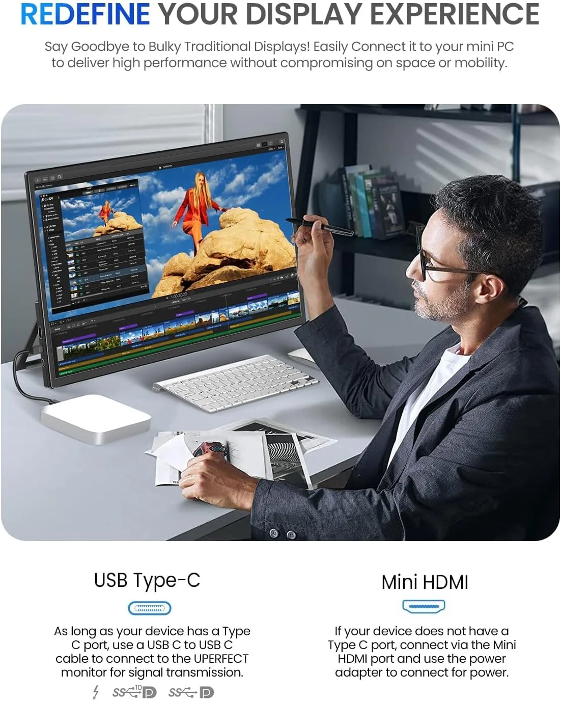 مانیتور قابل حمل 21.5 اینچی 100 هرتز UPERFECT با پایه یکپارچه، نسبت کنتراست 1000:1، رزولوشن 1920*1080 Full HD، صفحه نمایش IPS، دارای پورت‌های استاندارد HDMI USB C برای PC، لپ‌تاپ، کنسول بازی، بدنه فلزی، سازگار با VESA