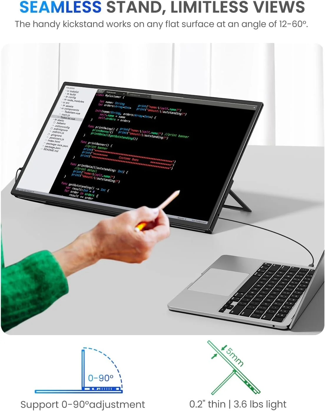 مانیتور قابل حمل 21.5 اینچی 100 هرتز UPERFECT با پایه یکپارچه، نسبت کنتراست 1000:1، رزولوشن 1920*1080 Full HD، صفحه نمایش IPS، دارای پورت‌های استاندارد HDMI USB C برای PC، لپ‌تاپ، کنسول بازی، بدنه فلزی، سازگار با VESA