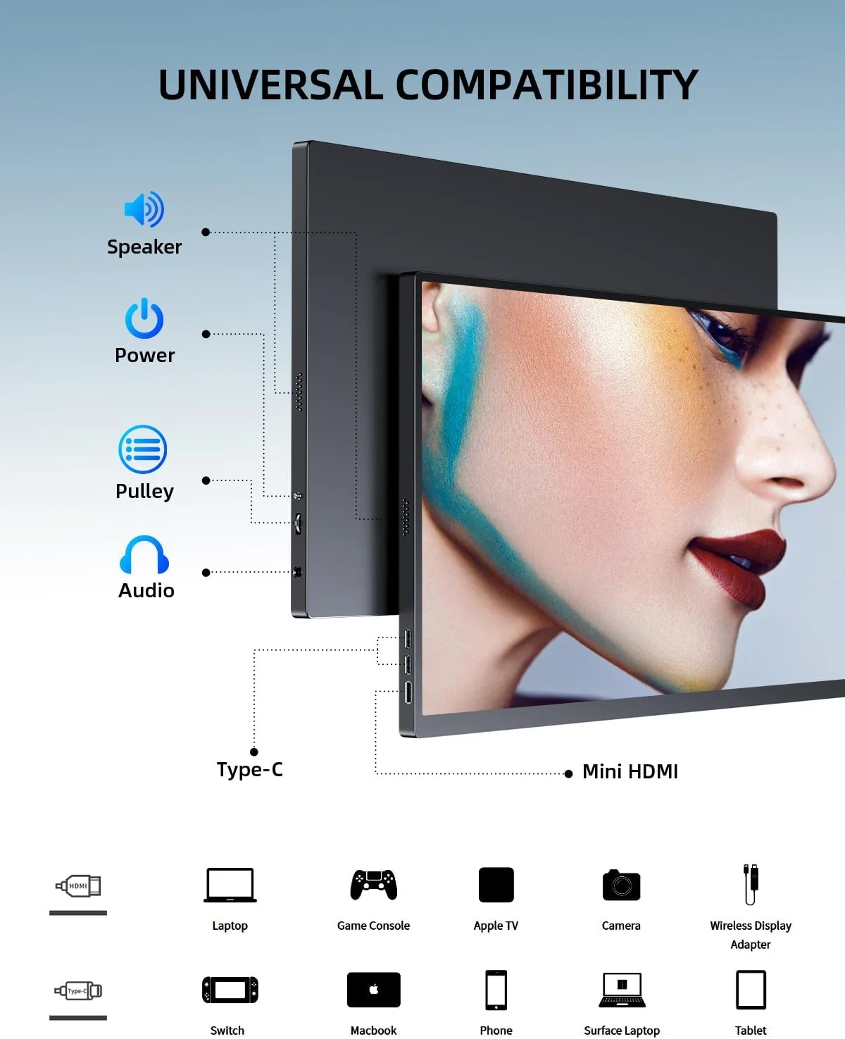 مانیتور قابل حمل UPERFECT، مانیتور قابل حمل 18.5 اینچی، مانیتور USB C فول اچ دی IPS با رزولوشن 1920×1080 با HDMI استاندارد، Type C، OTG و سوراخ VESA برای لپ تاپ، کامپیوتر و تلفن