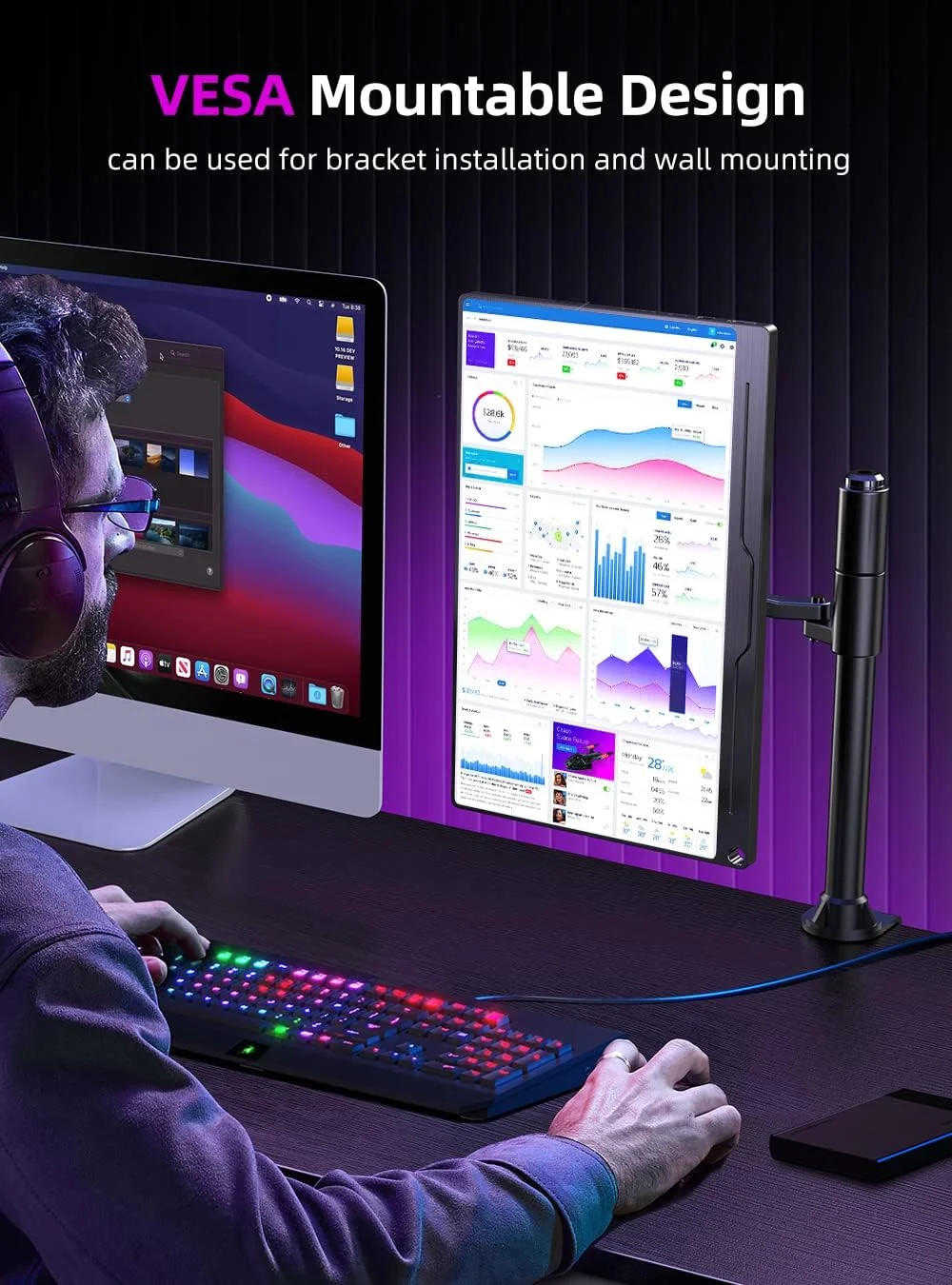 مانیتور کامپیوتر 4K واقعی UPERFECT، مانیتور 15.6 اینچی IPS UHD 3840X2160 USB C [طیف رنگی گسترده 100% sRGB]، HDR FreeSync اسپیکر Type-C HDMI OTG VESA مانیتور قابل حمل برای لپ تاپ PC تلفن، پایه کاور هوشمند