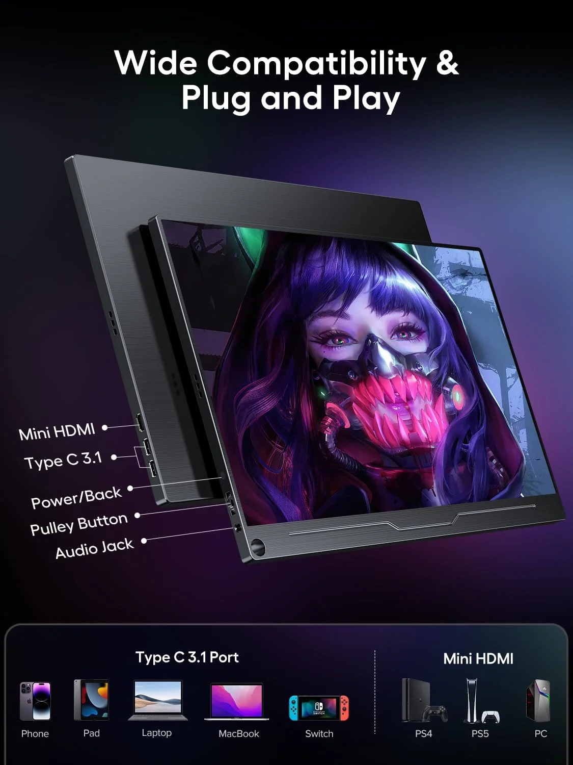 مانیتور قابل حمل 18.5 اینچی UPERFECT با نرخ 120 هرتز، صفحه نمایش مات IPS، کیفیت Full HD 1920x1080، پورت USB C Mini HDMI برای لپ تاپ، PC، سوییچ، PS4/5، Xbo، Raspb Pi، بدنه فلزی، قابلیت نصب VESA
