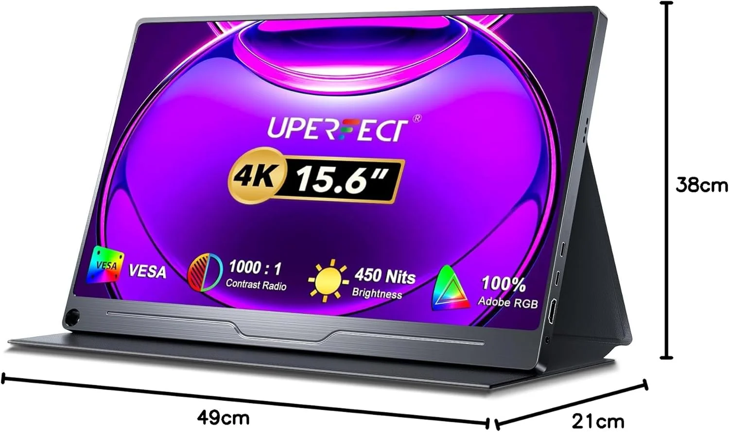 مانیتور کامپیوتر 4K واقعی UPERFECT، مانیتور 15.6 اینچی IPS UHD 3840X2160 USB C [طیف رنگی گسترده 100% sRGB]، HDR FreeSync اسپیکر Type-C HDMI OTG VESA مانیتور قابل حمل برای لپ تاپ PC تلفن، پایه کاور هوشمند
