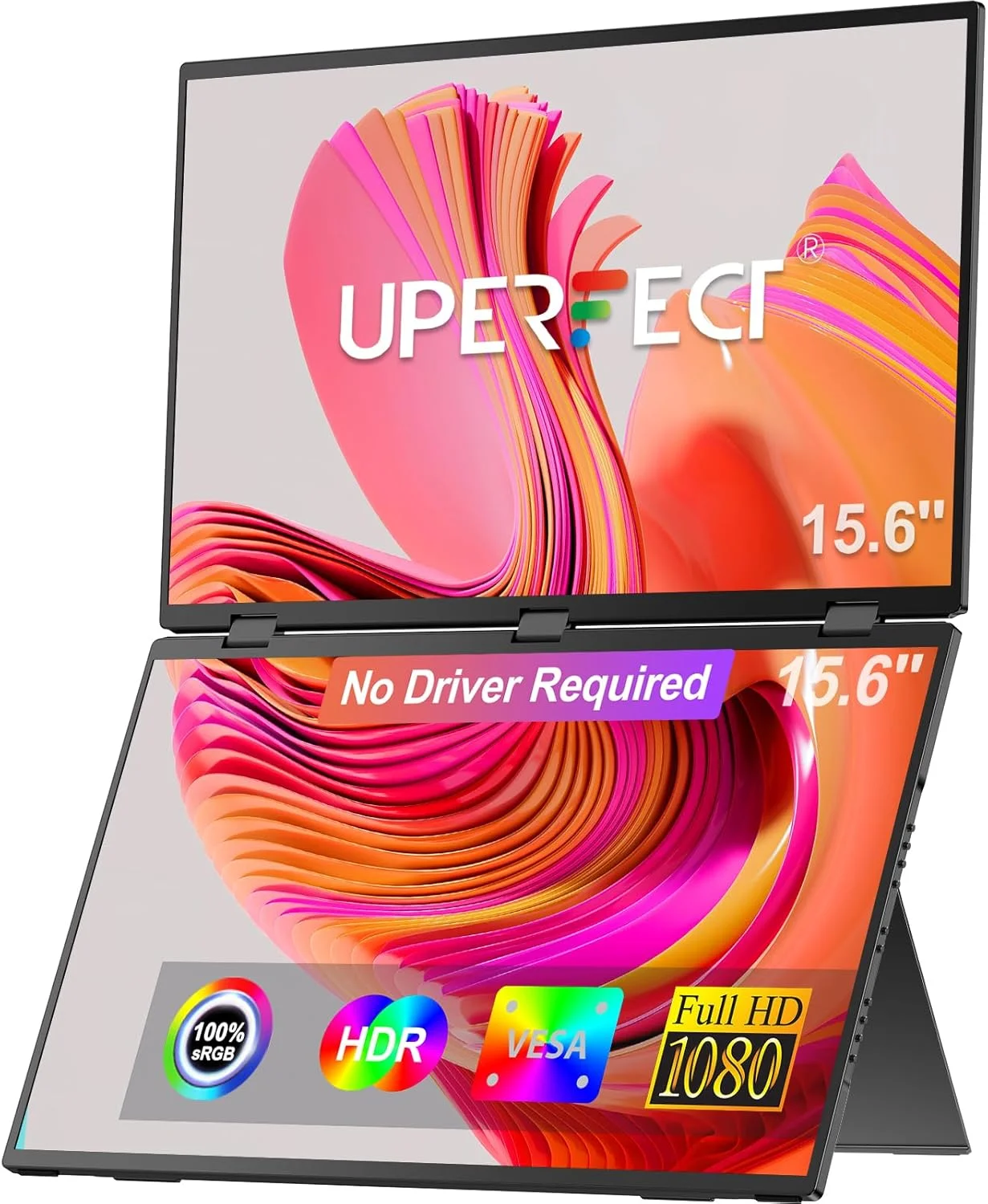 مانیتور دوگانه قابل حمل 15.6 اینچی UPERFECT Delta، توسعه دهنده صفحه نمایش لپ تاپ 1080P HDR تاشو 180 درجه، مانیتور سه گانه پشته ای با پایه و VESA برای لپ تاپ، کامپیوتر، تلفن، کنسول بازی (بدون نیاز به درایور)
