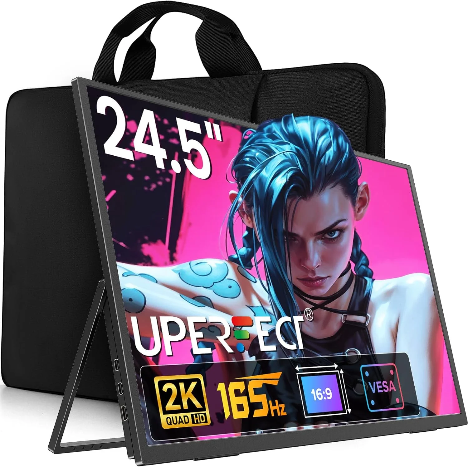 مانیتور قابل حمل 24.5 اینچی UPERFECT با کیفیت 2K و نرخ نوسازی 165 هرتز به همراه پایه قابل تنظیم 180 درجه و VESA، نمایشگر بزرگ گیمینگ IPS HDR با رزولوشن 2560 * 1440 QHD و FreeSync، مانیتور دوم مسافرتی USB-C HDMI برای لپ تاپ، سوییچ و تلفن