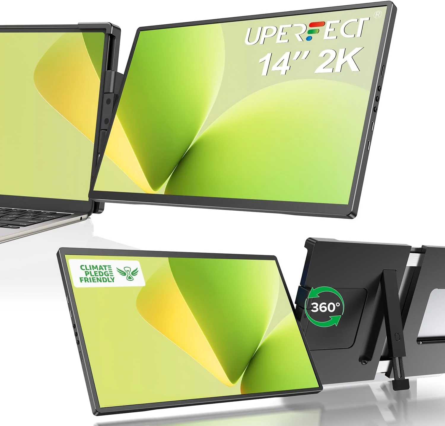 اکستندر صفحه نمایش لپ تاپ UPERFECT، 2K 14 اینچی با لولای چرخان 360 درجه با چرخش اتوماتیک 180 درجه، مانیتور قابل حمل 2240x1400 QHD IPS برای لپ تاپ های 13 تا 17 اینچی، سازگار با Plug & Play با Mac، Wins، Android، Dex